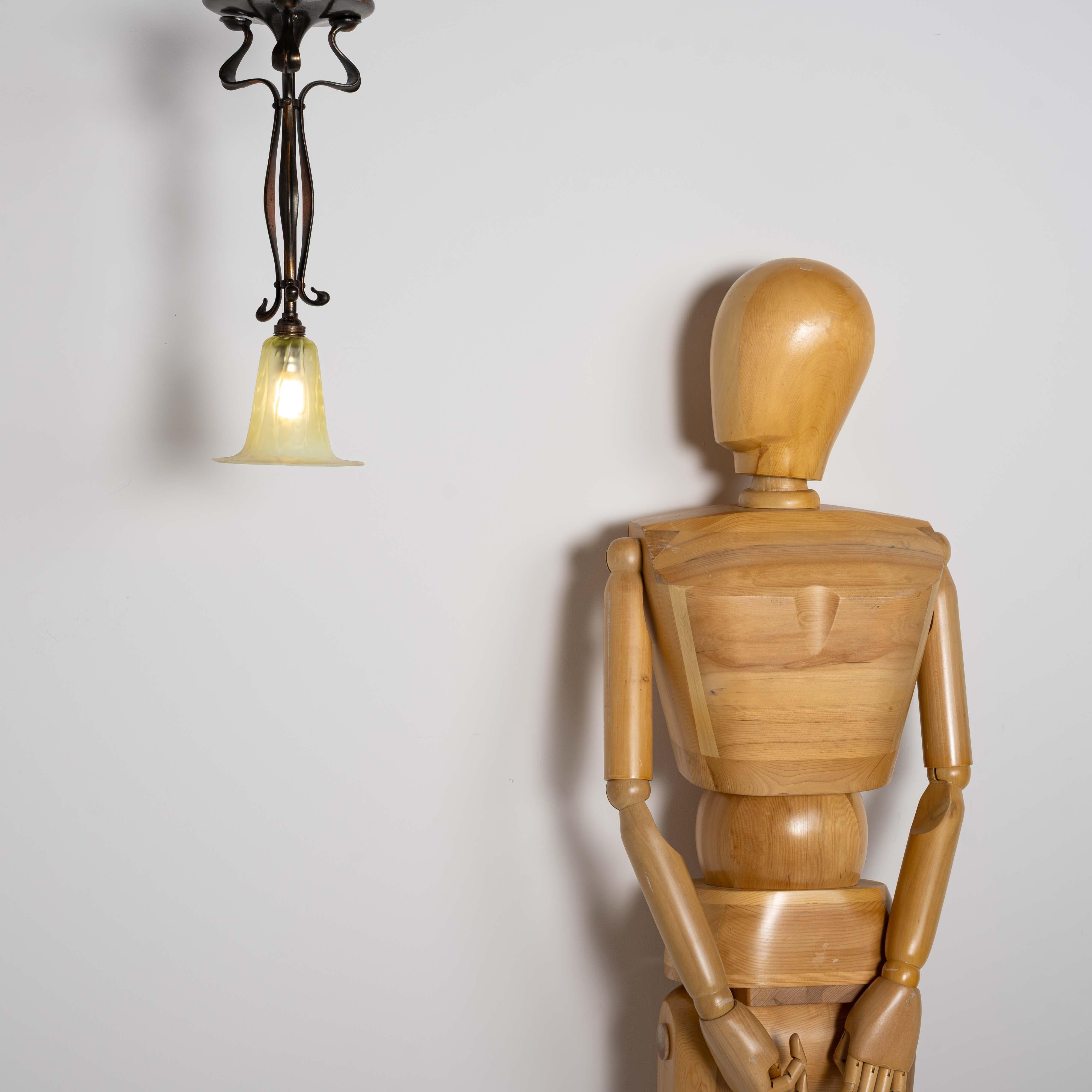 British Antique Arts & Crafts Cast Copper Lamp With Rare Straw Vaseline Bell Shade For Sale