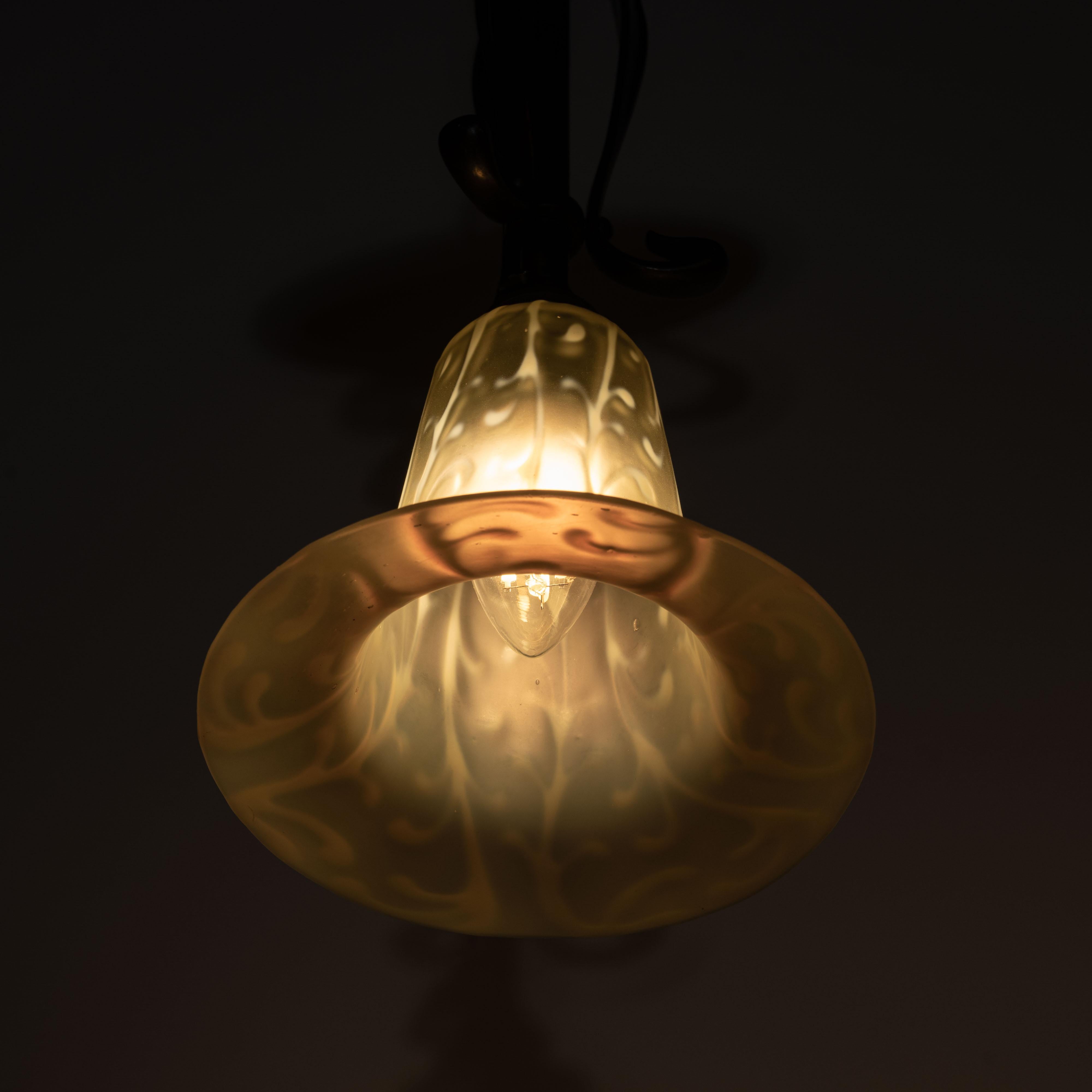 20th Century Antique Arts & Crafts Cast Copper Lamp With Rare Straw Vaseline Bell Shade For Sale