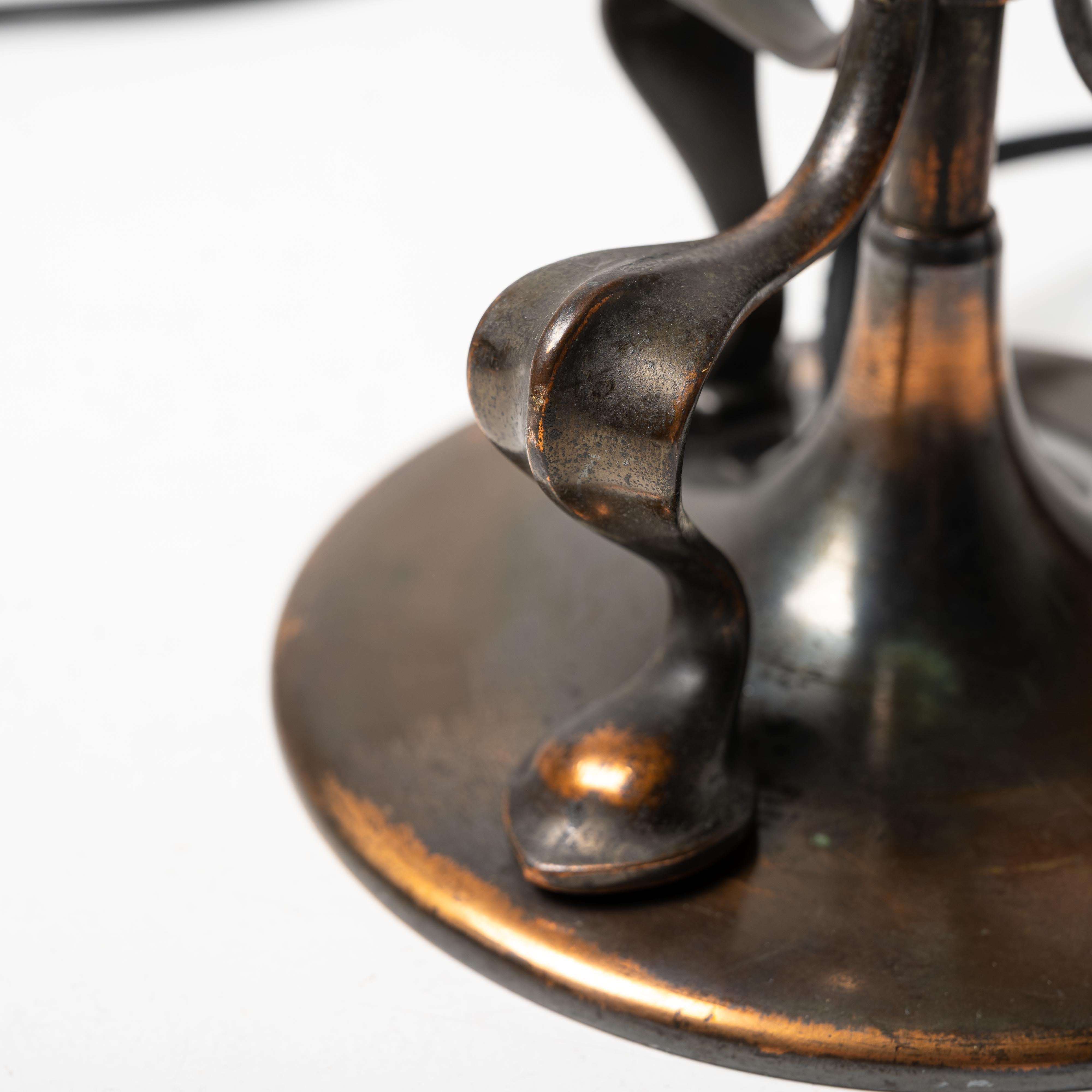 Brass Antique Arts & Crafts Cast Copper Lamp With Rare Straw Vaseline Bell Shade For Sale