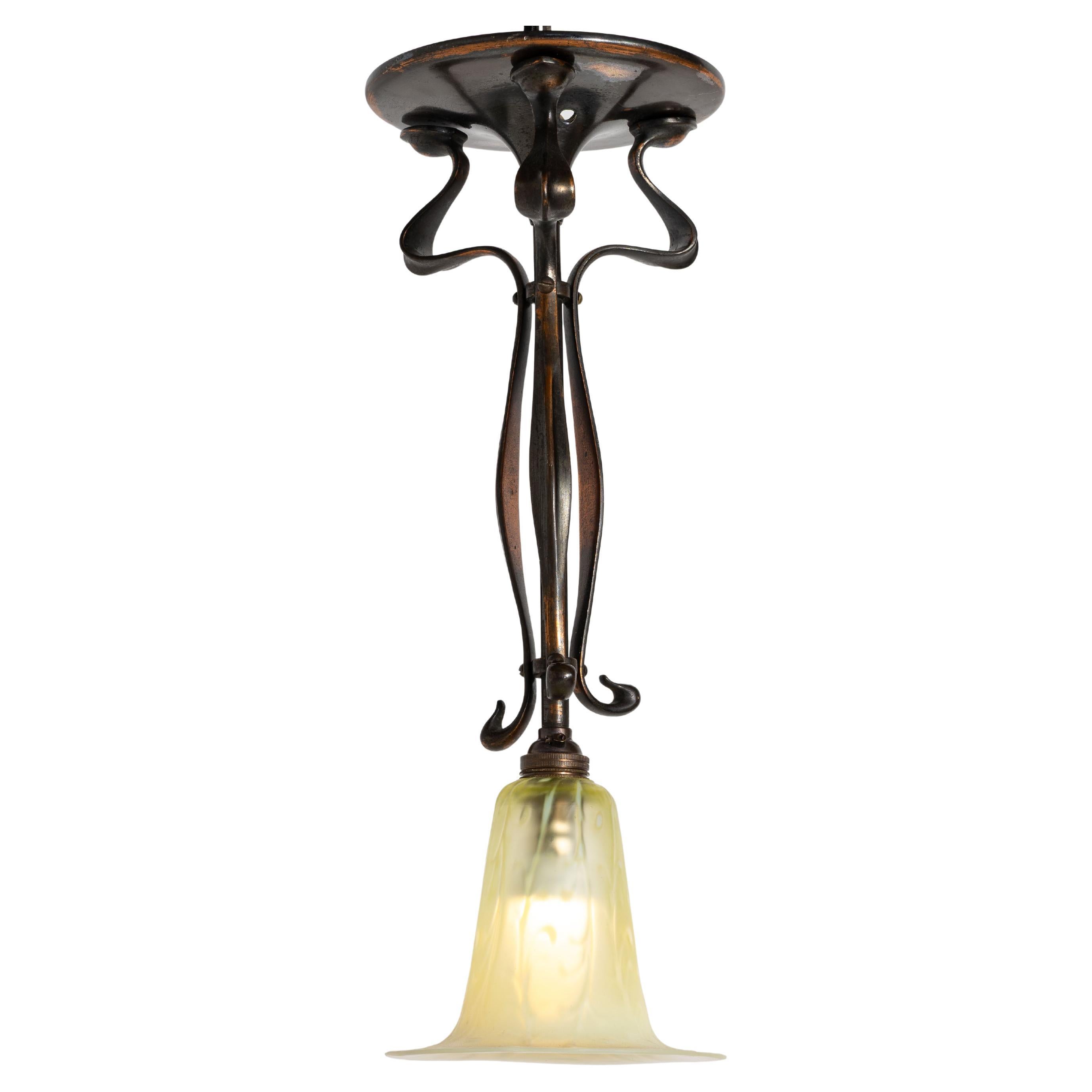 Antique Arts & Crafts Cast Copper Lamp With Rare Straw Vaseline Bell Shade For Sale