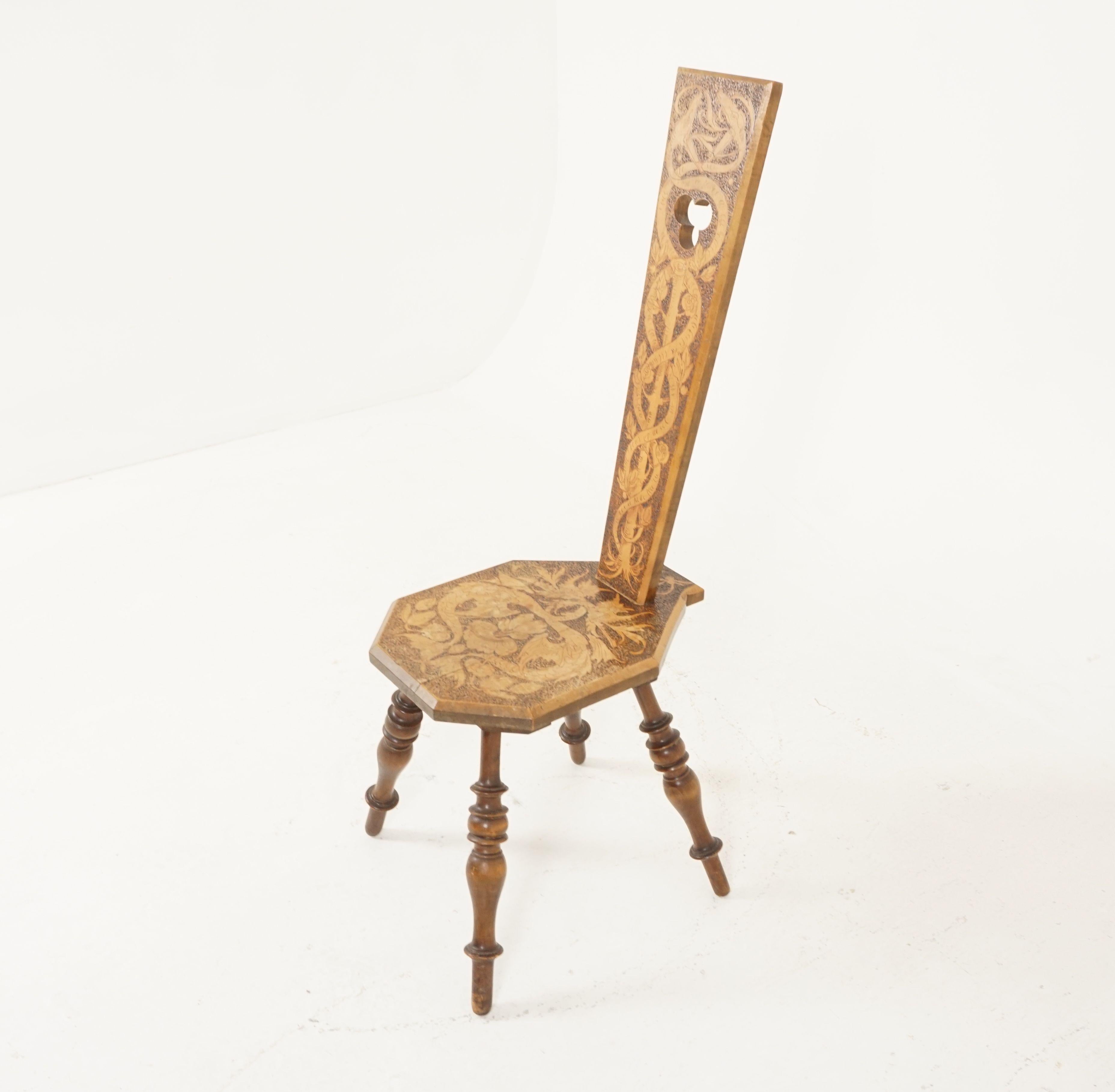 Hand-Crafted Antique Arts + Crafts Chair, Poker Work Spinning Chair, Scotland 1910, B2205