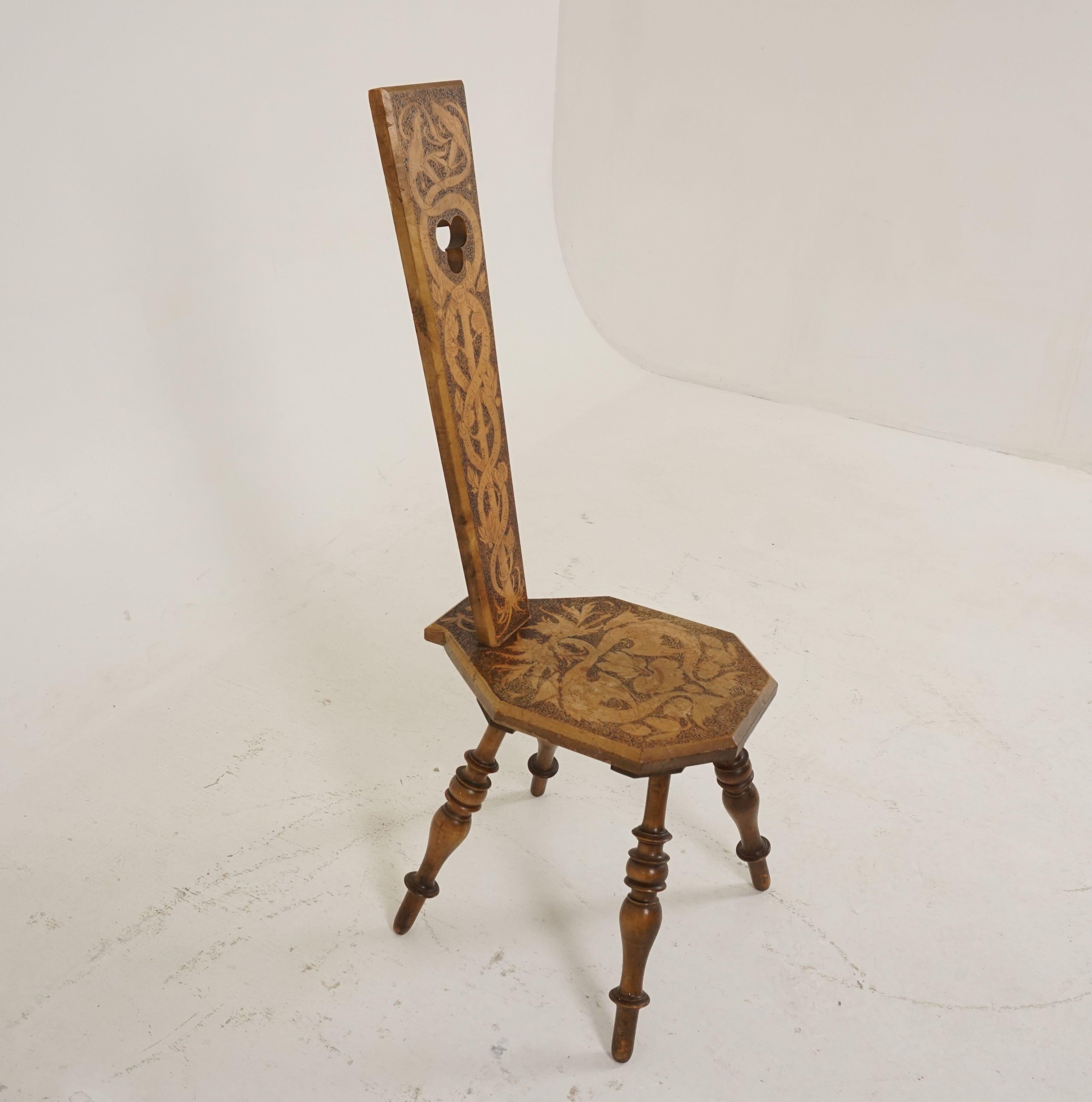 Antique Arts + Crafts Chair, Poker Work Spinning Chair, Scotland 1910, B2205 In Good Condition In Vancouver, BC