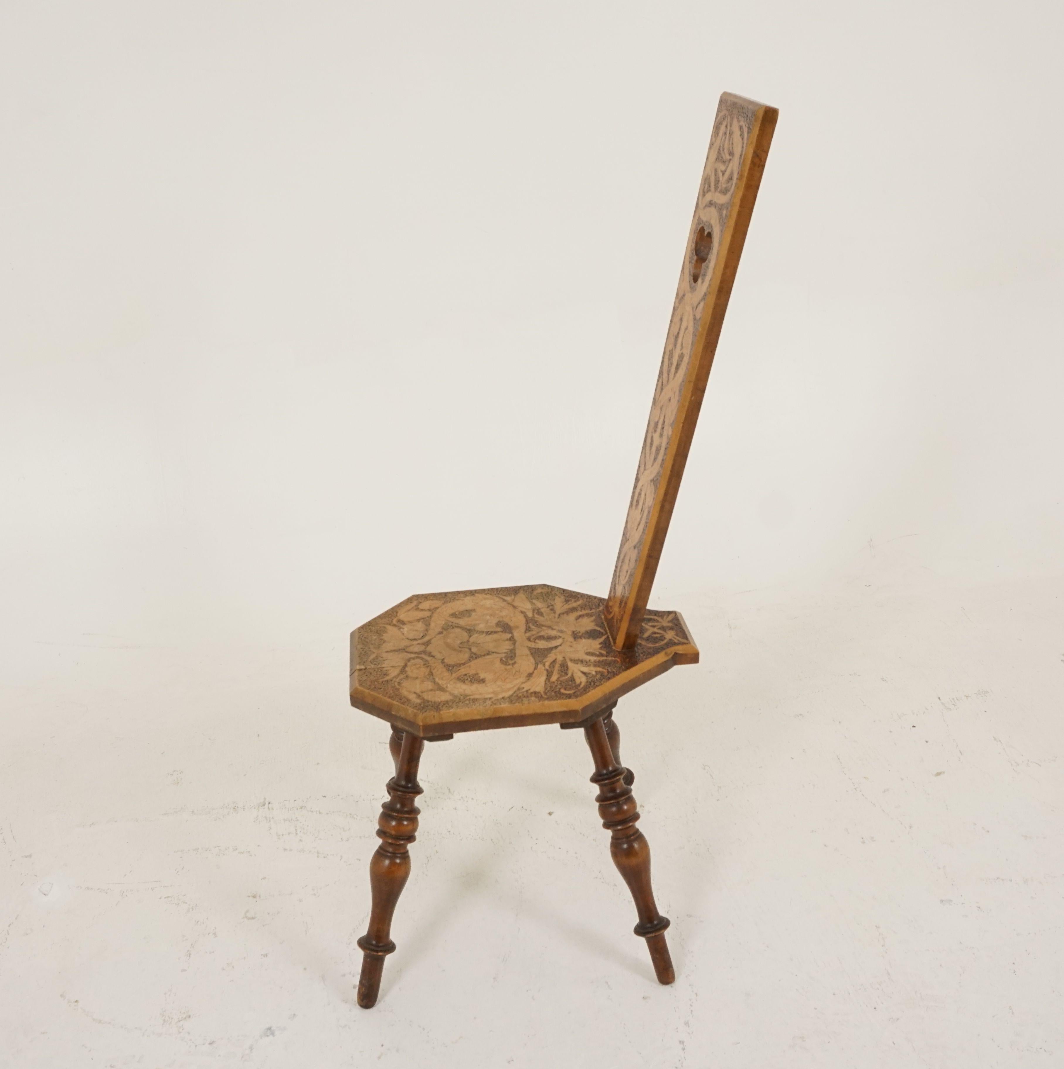 Early 20th Century Antique Arts + Crafts Chair, Poker Work Spinning Chair, Scotland 1910, B2205