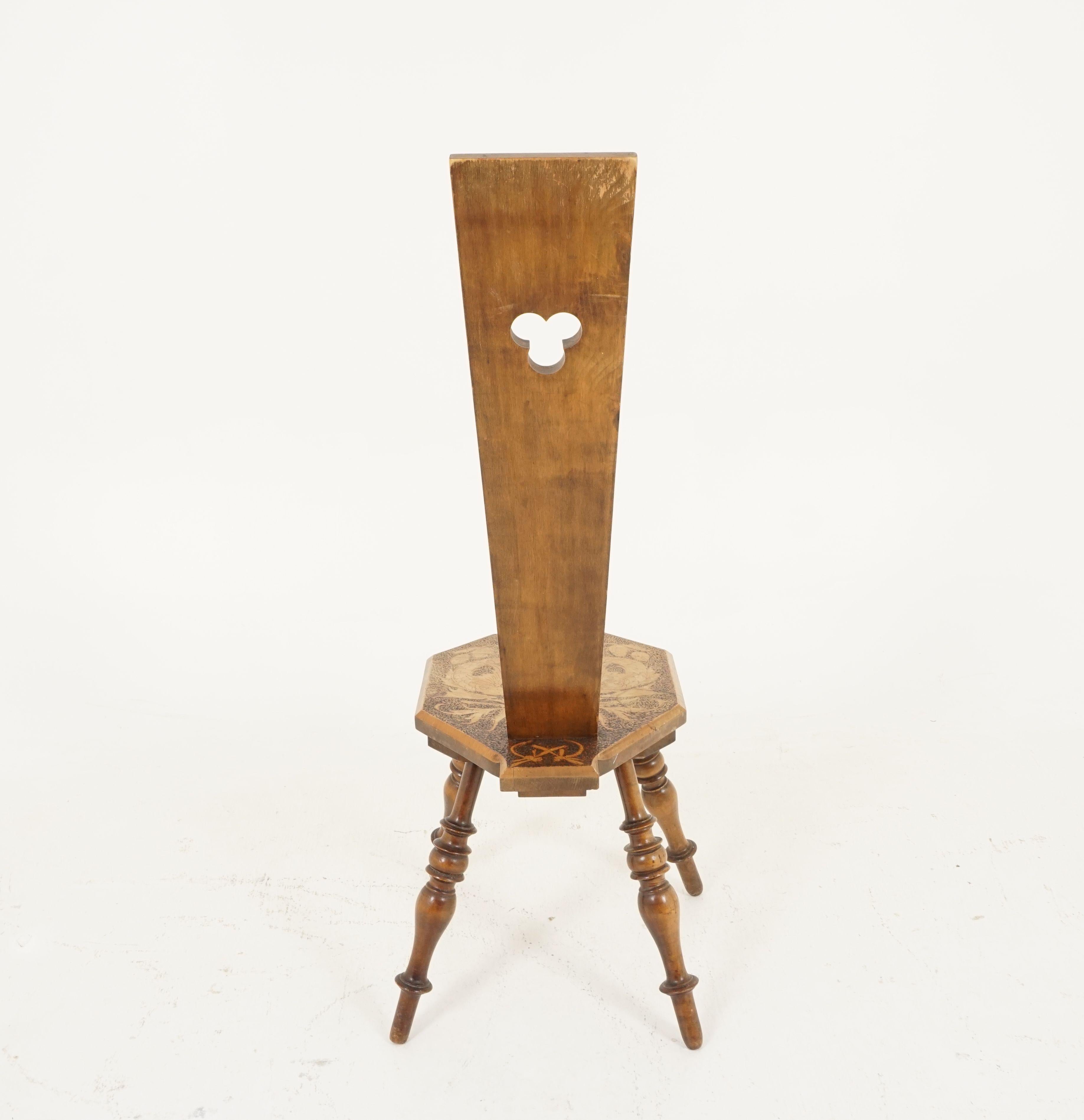 Beech Antique Arts + Crafts Chair, Poker Work Spinning Chair, Scotland 1910, B2205