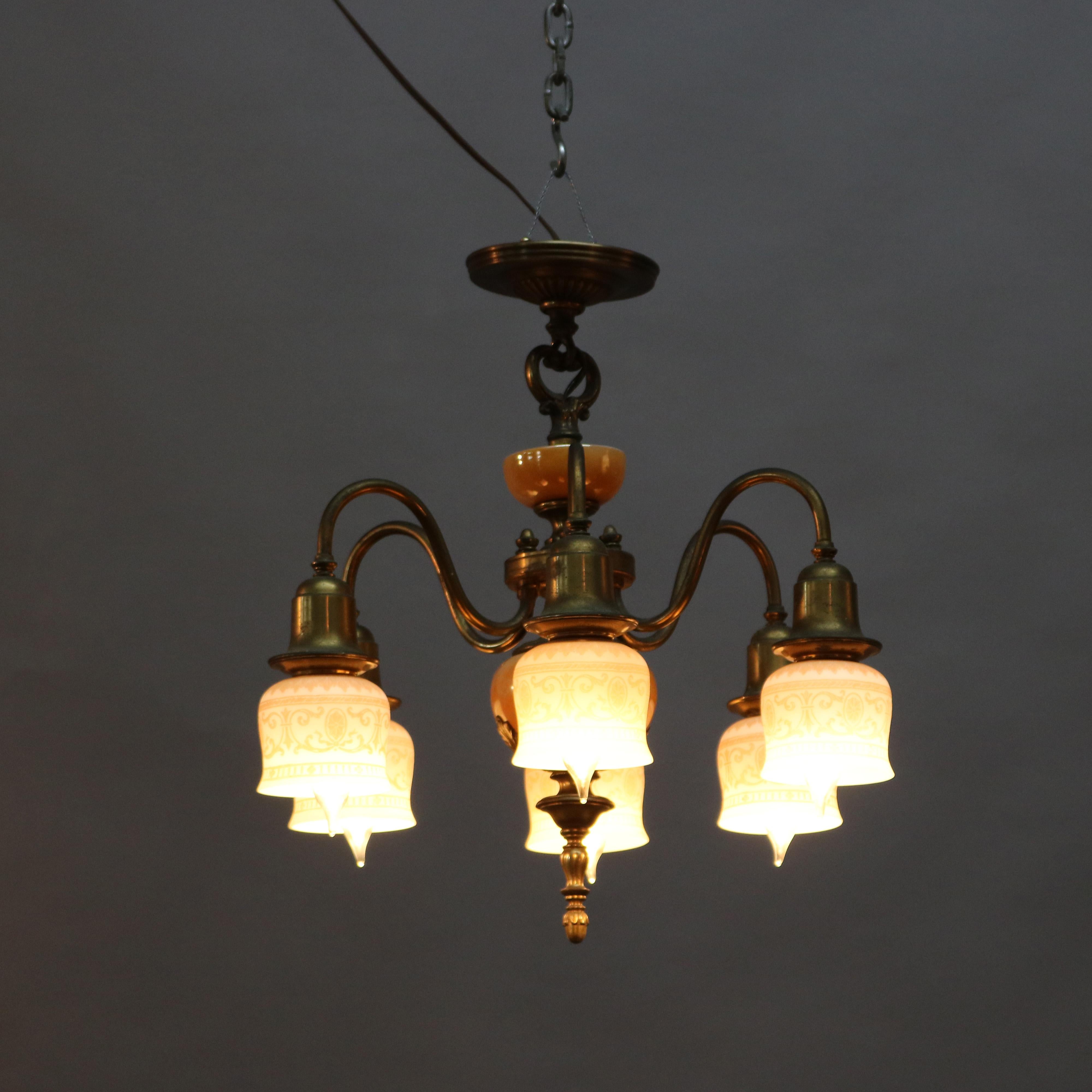 Antique Arts & Crafts Chandelier with Etched Shades, Brass & Glass, c1930 3