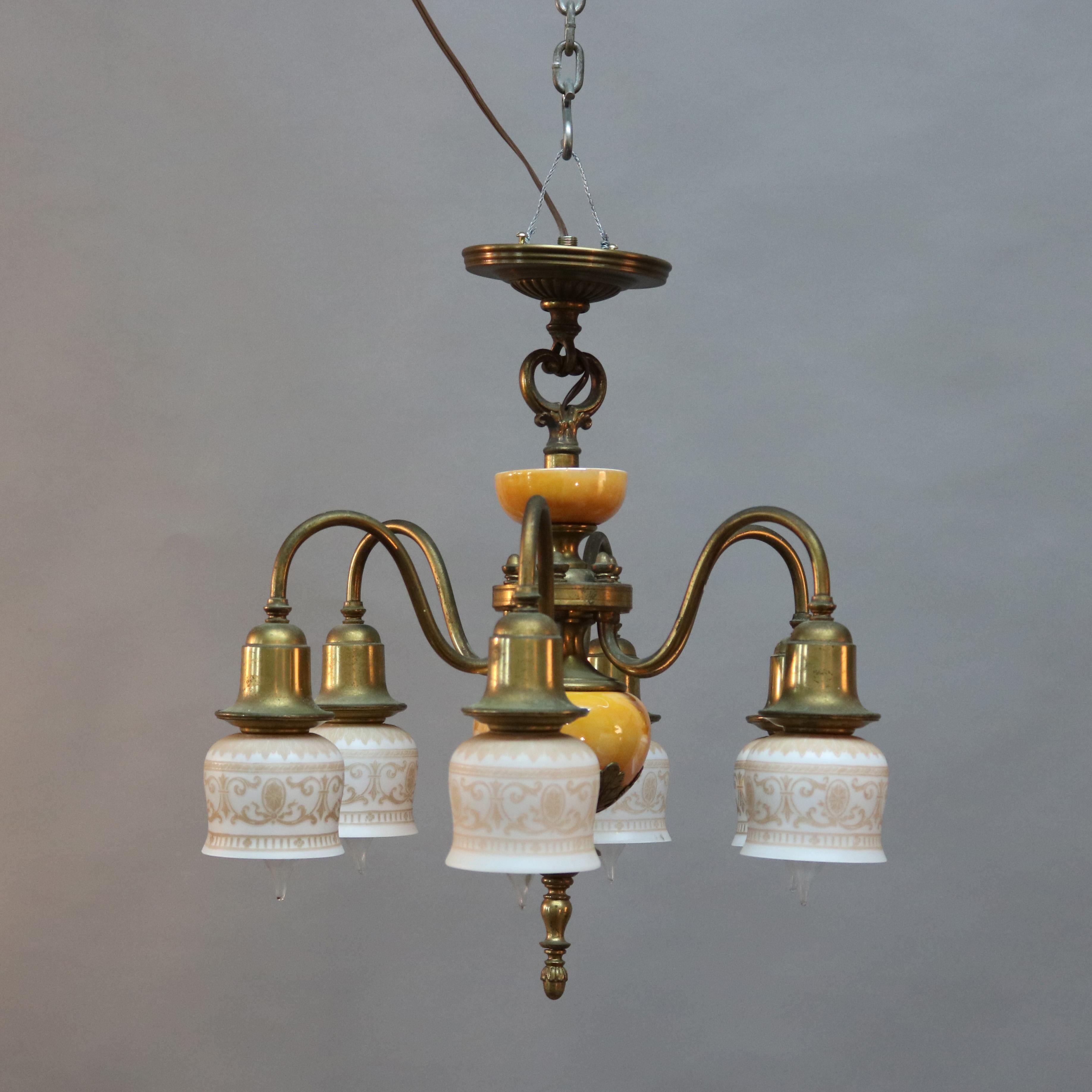 Antique Arts & Crafts Chandelier with Etched Shades, Brass & Glass, c1930 4