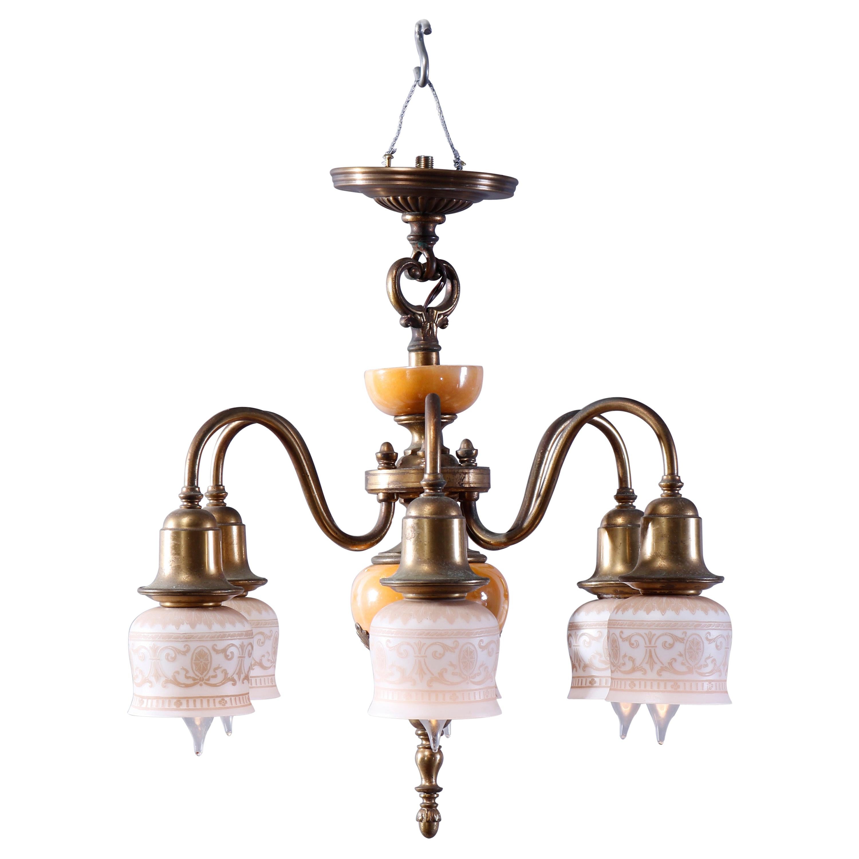 Antique Arts & Crafts Chandelier with Etched Shades, Brass & Glass, c1930
