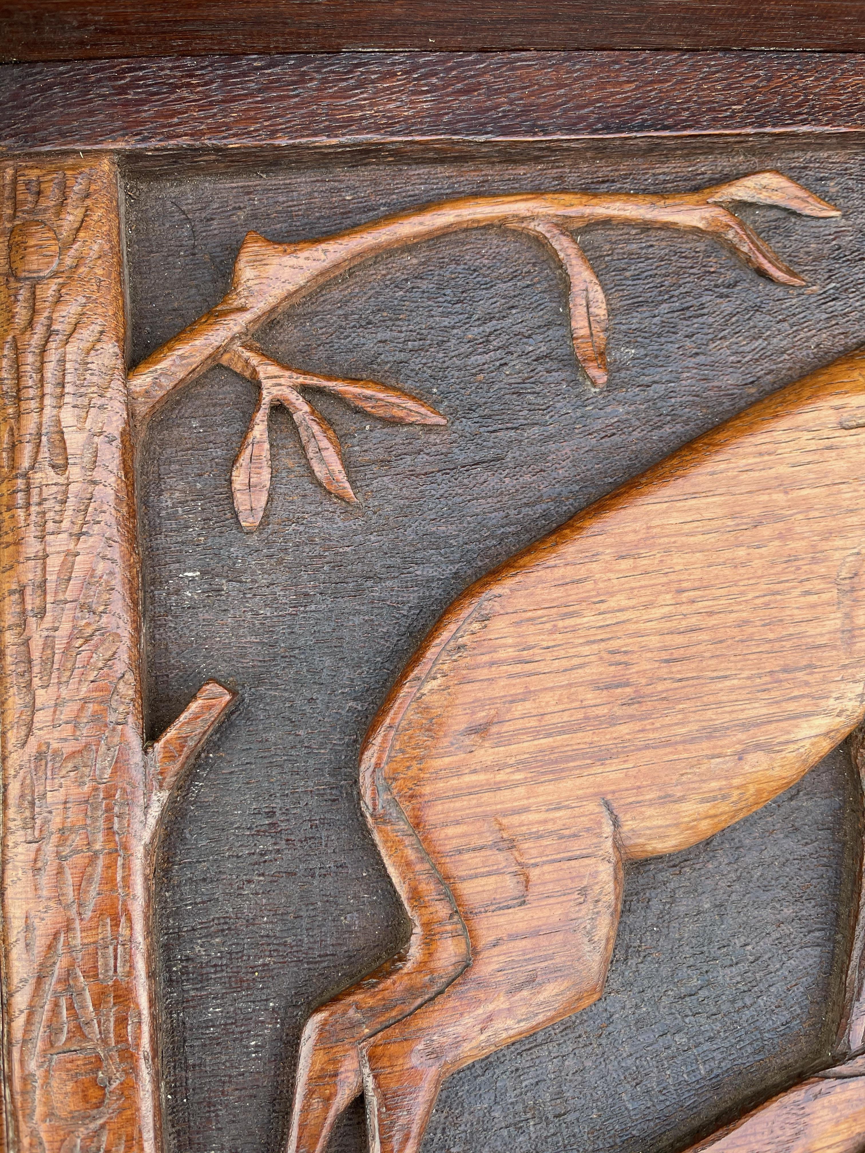 Antique Arts & Crafts Coat Rack w. Brass Hooks & A Carved Decor of a Deer Fight 2