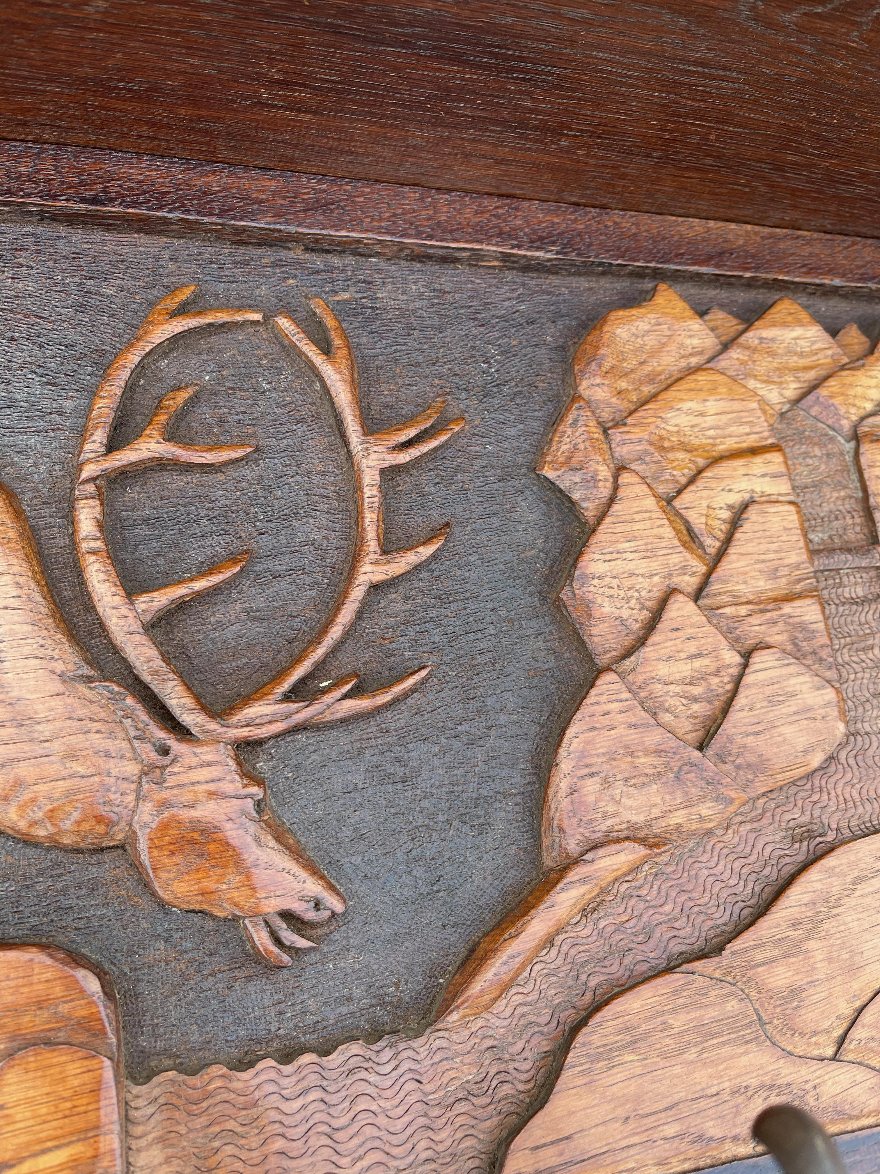 Antique Arts & Crafts Coat Rack w. Brass Hooks & A Carved Decor of a Deer Fight 3