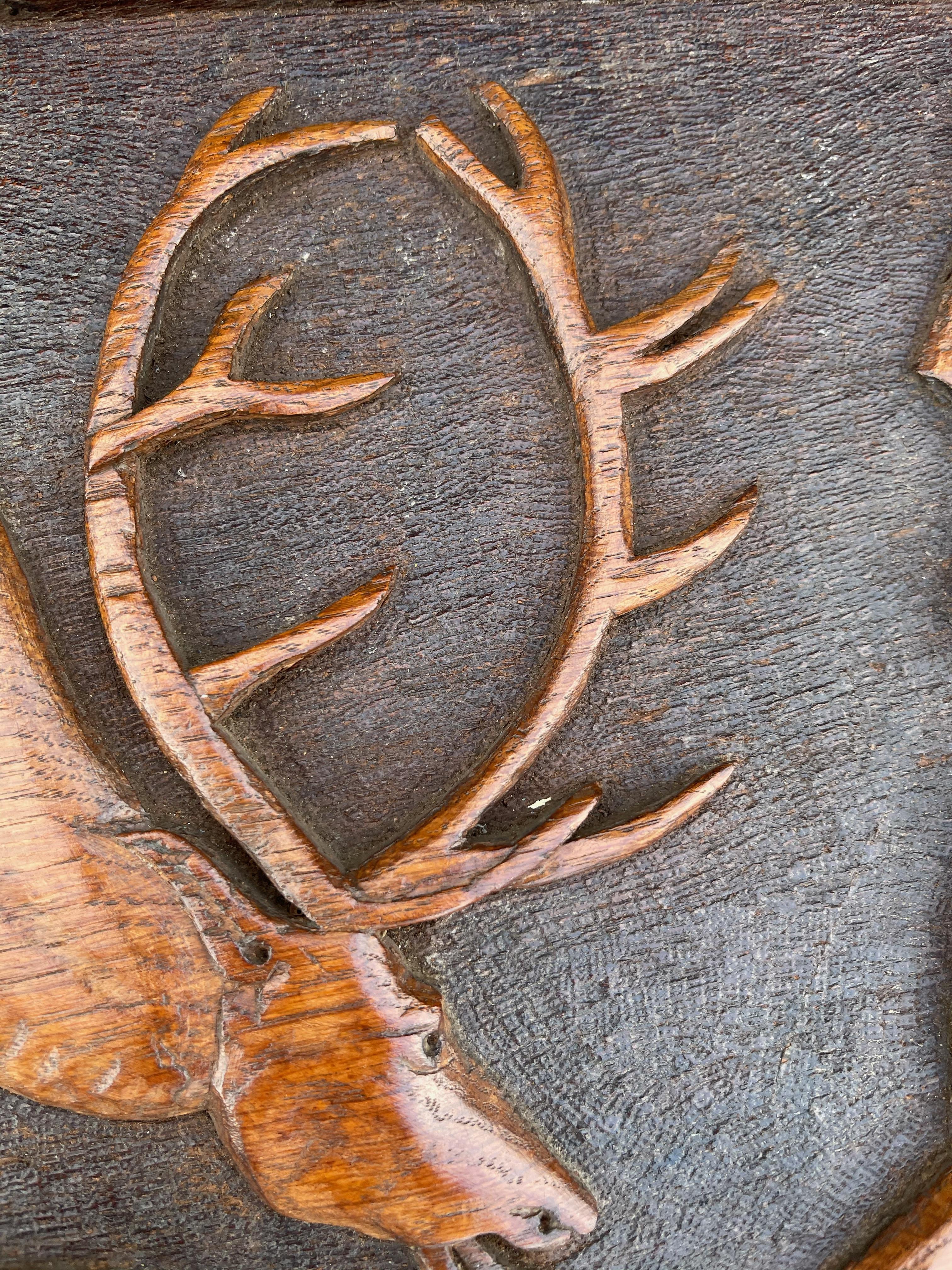 Antique Arts & Crafts Coat Rack w. Brass Hooks & A Carved Decor of a Deer Fight 4