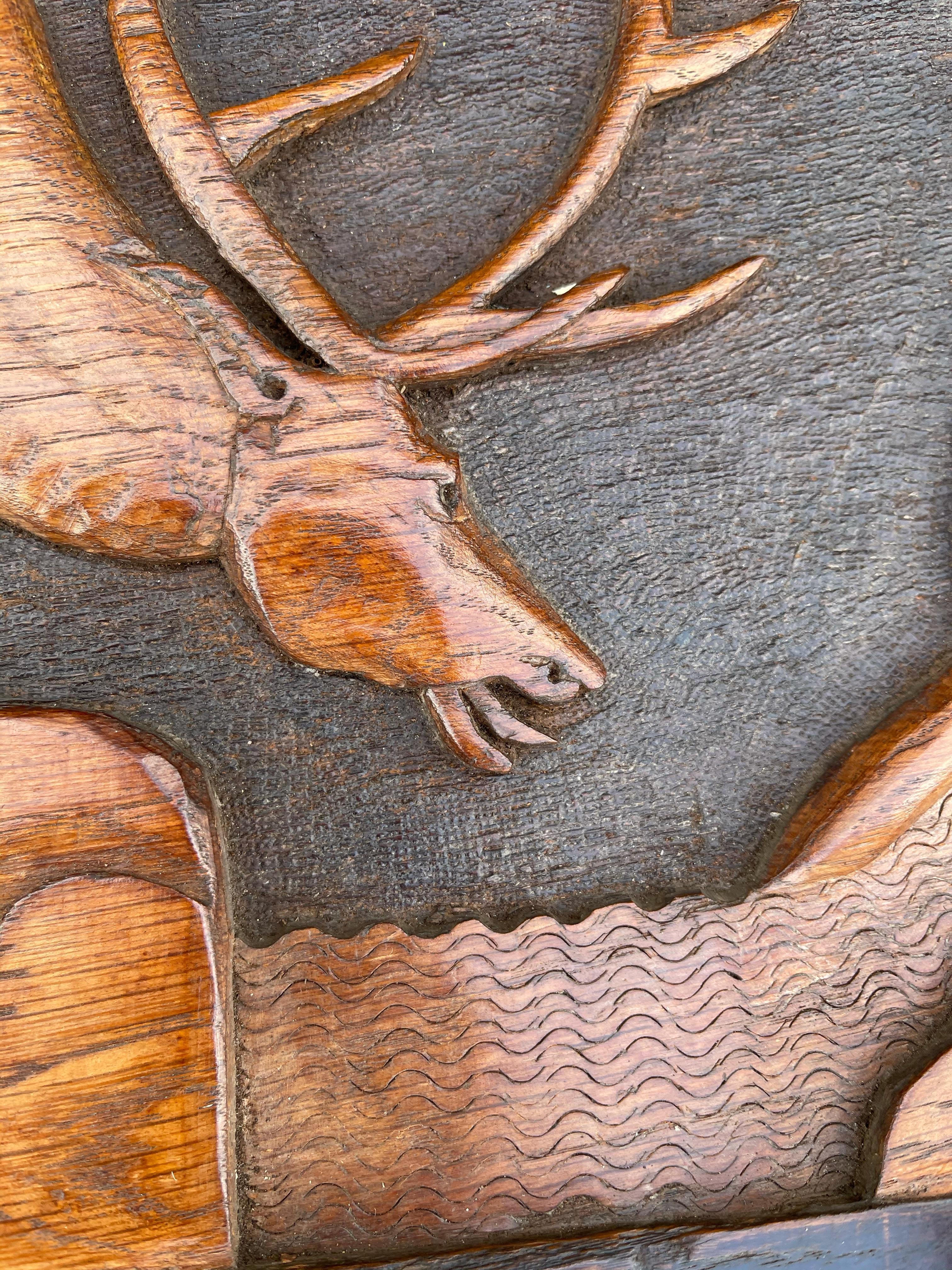 Antique Arts & Crafts Coat Rack w. Brass Hooks & A Carved Decor of a Deer Fight 5