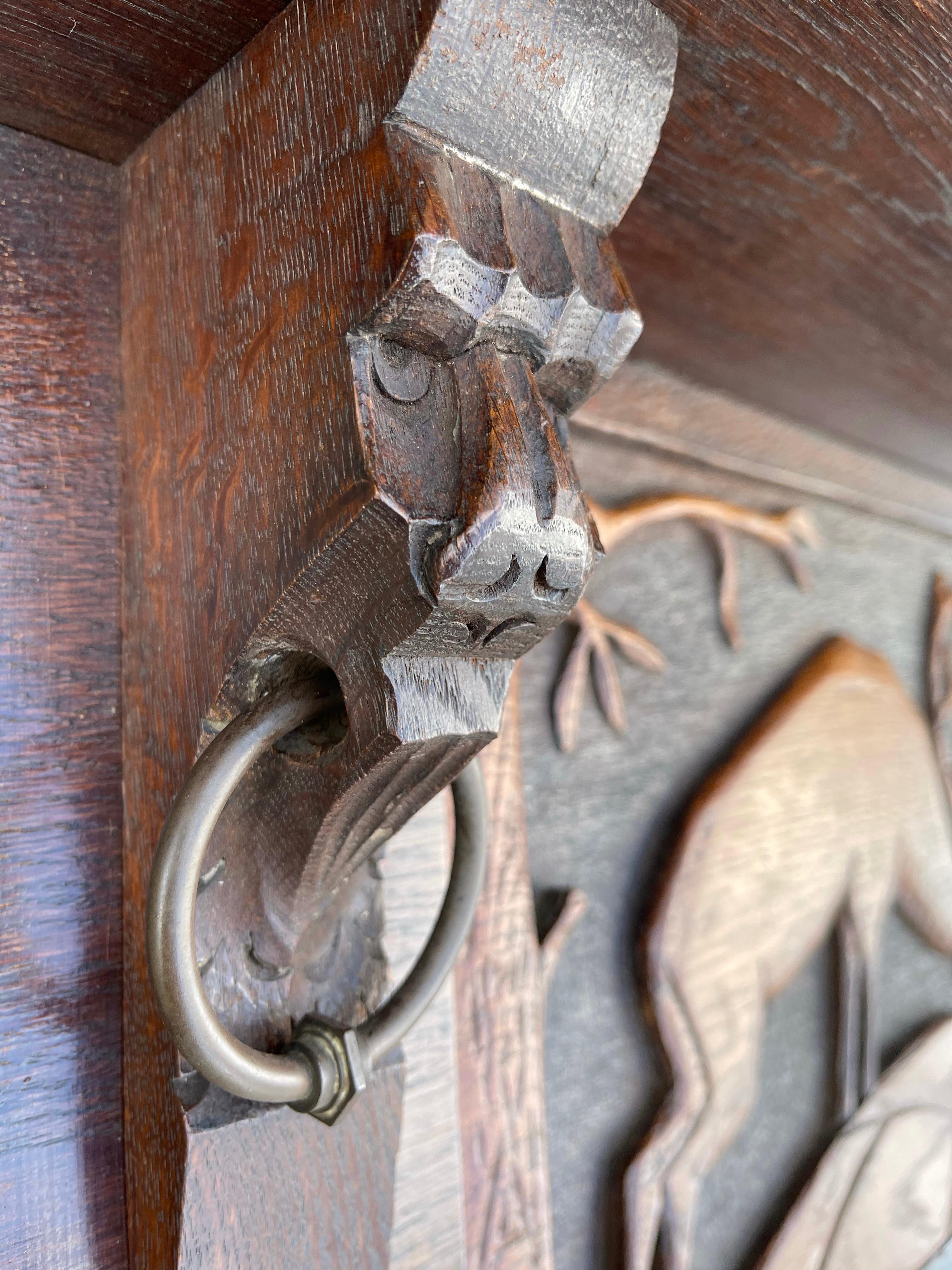 Antique Arts & Crafts Coat Rack w. Brass Hooks & A Carved Decor of a Deer Fight 7