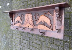 Antique Arts & Crafts Coat Rack w. Brass Hooks & A Carved Decor of a Deer Fight