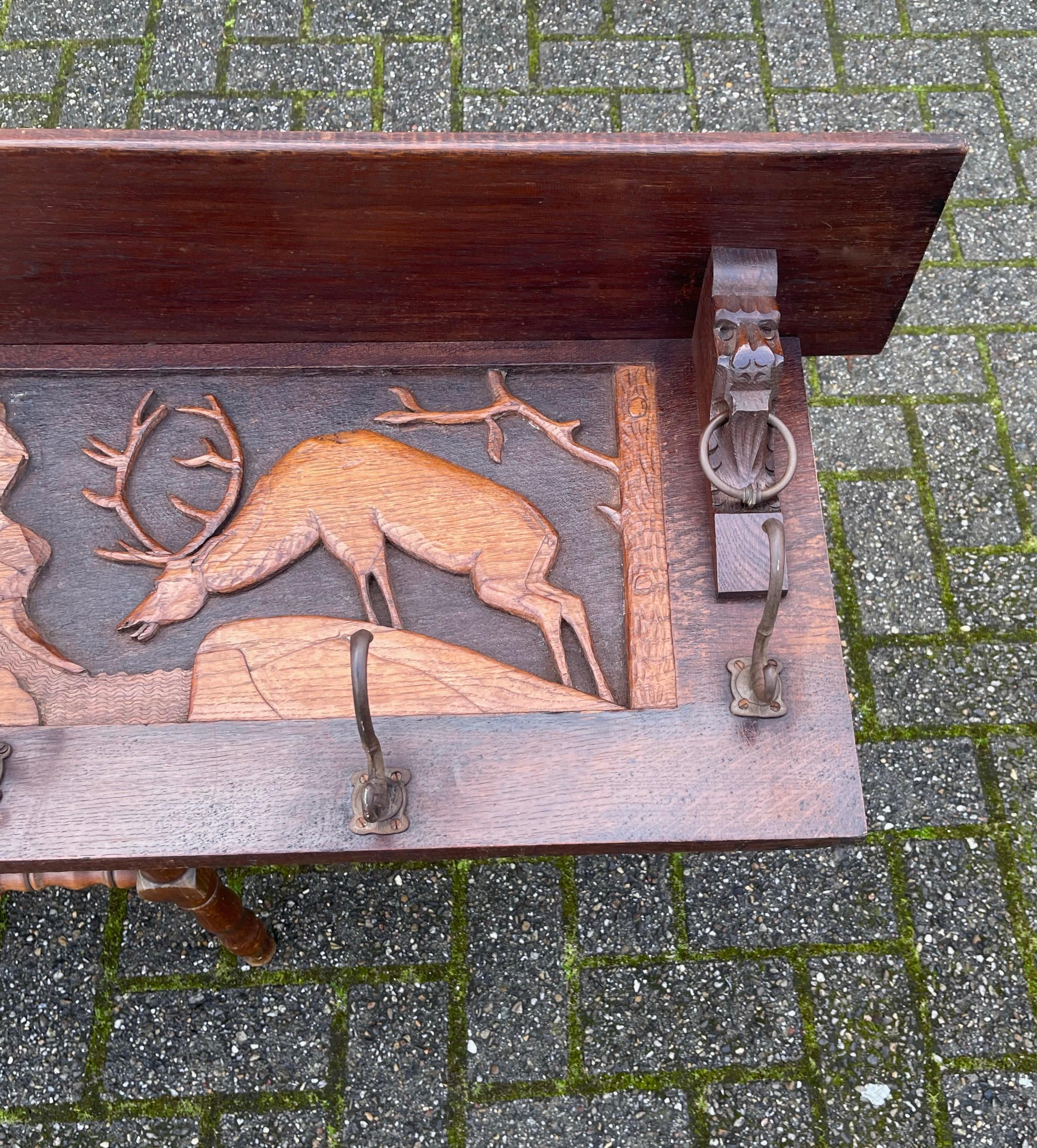 Antique Arts & Crafts Coat Rack w. Brass Hooks & A Carved Decor of a Deer Fight 11