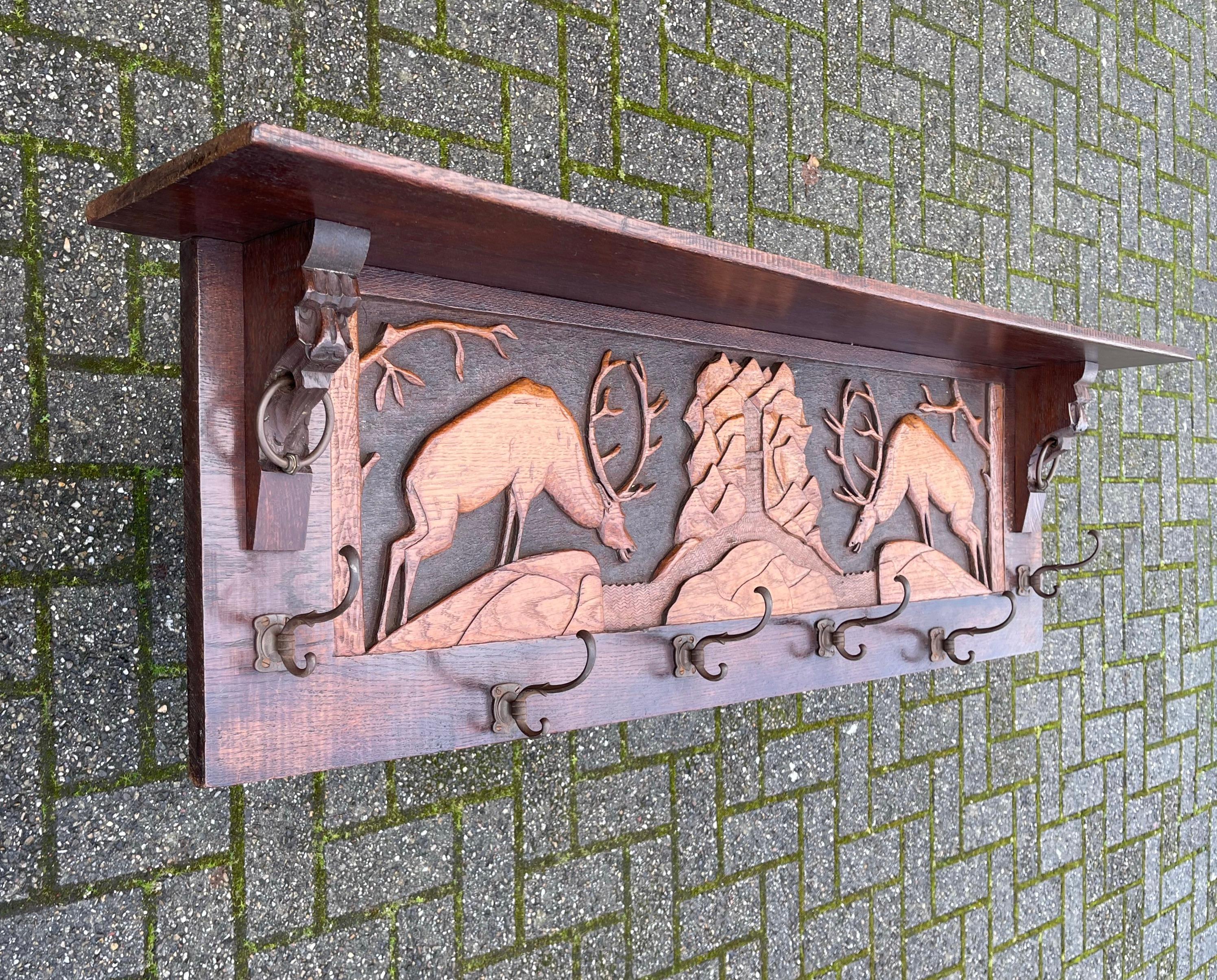 Arts and Crafts Antique Arts & Crafts Coat Rack w. Brass Hooks & A Carved Decor of a Deer Fight