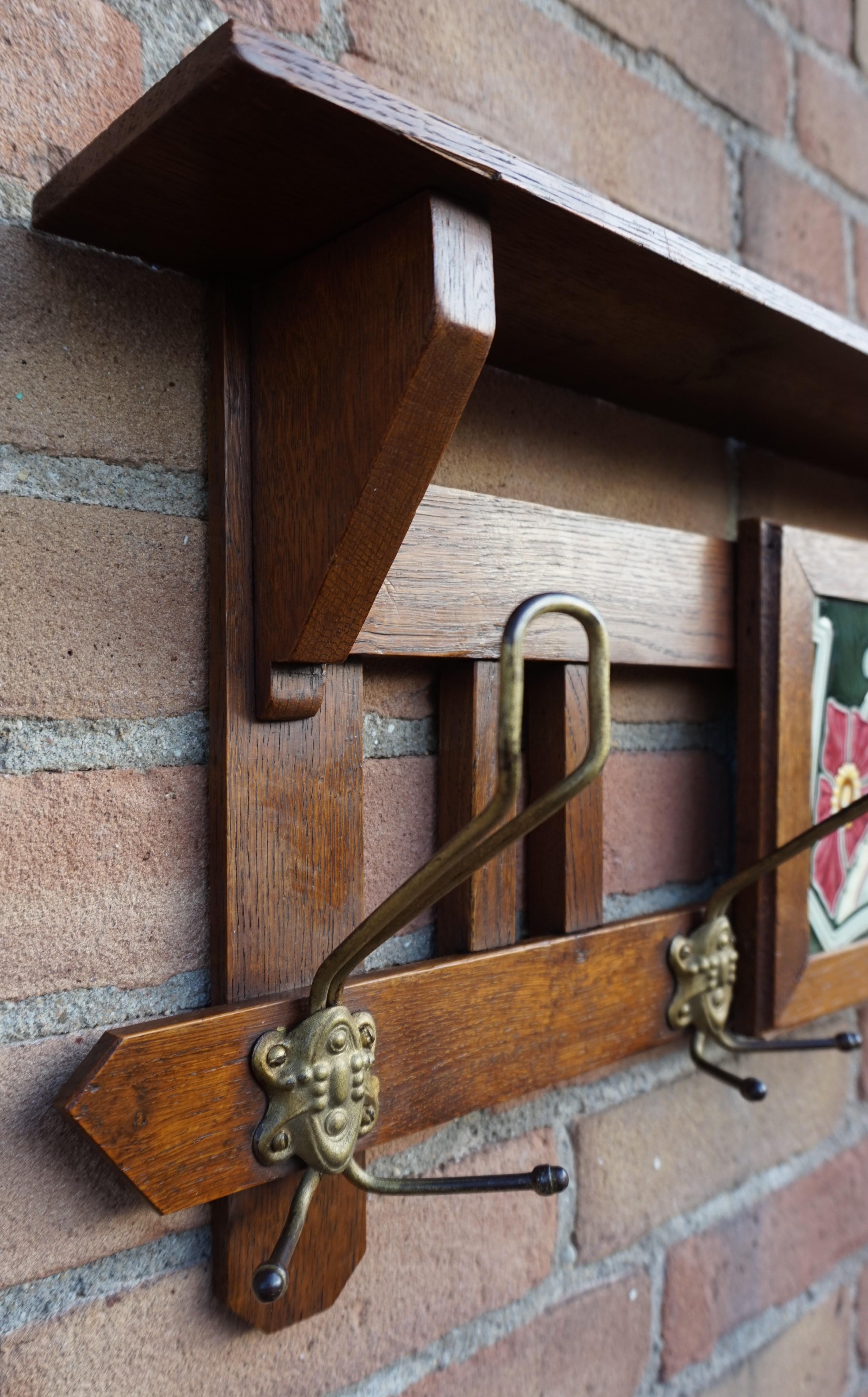 Antique Arts and Crafts Coat Rack w. Colorful Majolica Glazed Stylized ...