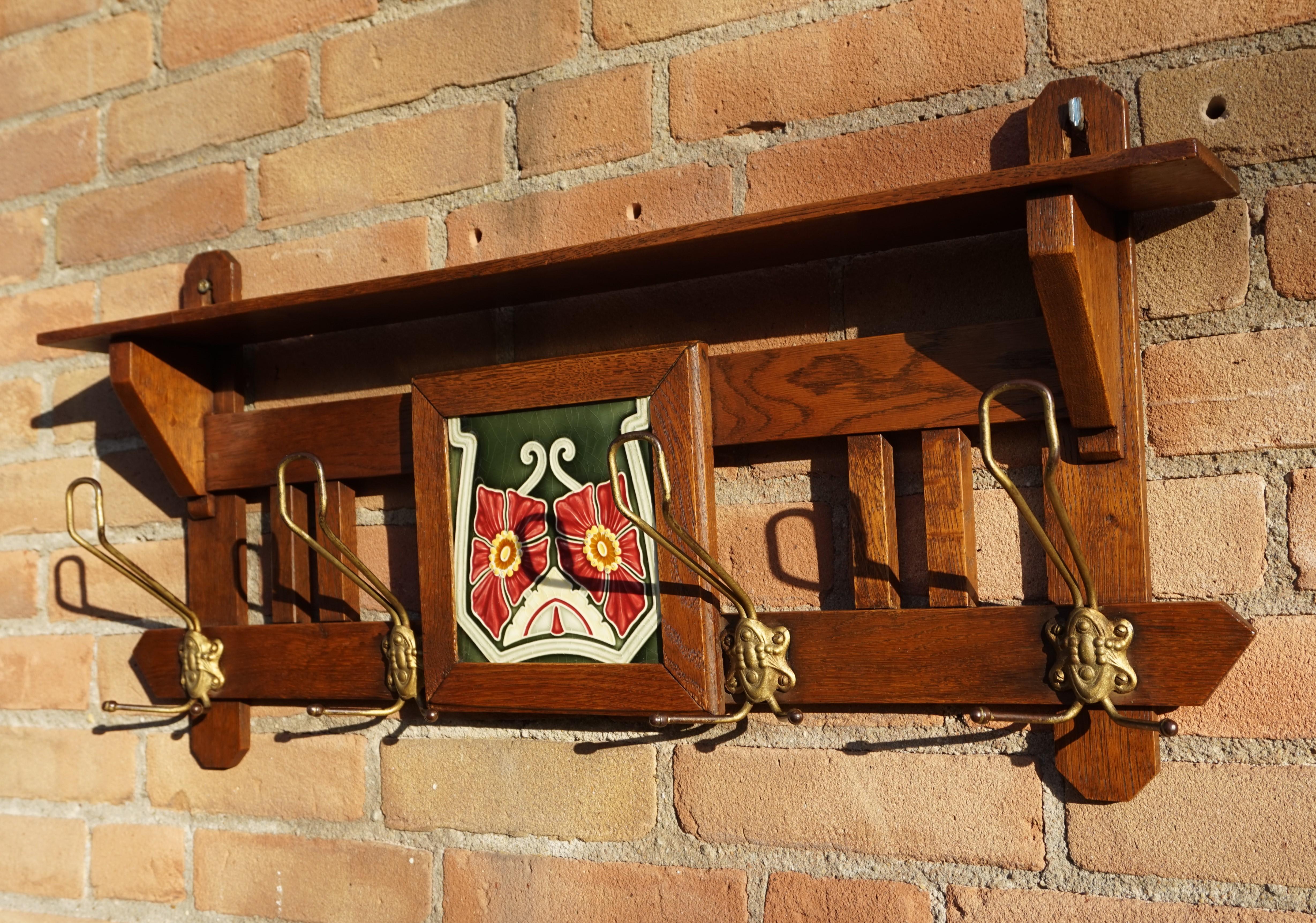 Antique Arts and Crafts Coat Rack w. Colorful Majolica Glazed Stylized ...