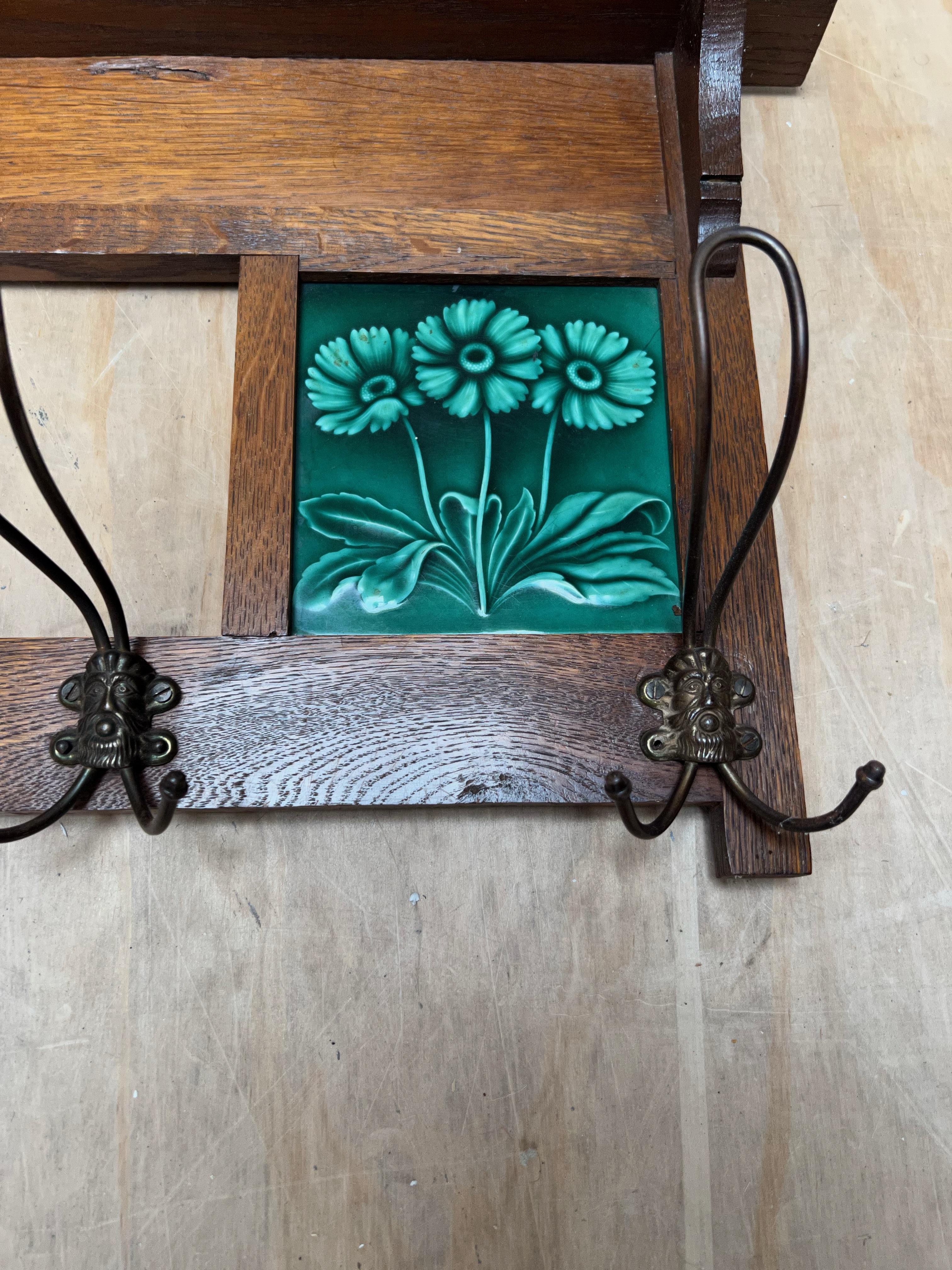 Antique Arts & Crafts Coat Rack with Majolica Glazed, Stylized Flower Tiles 5