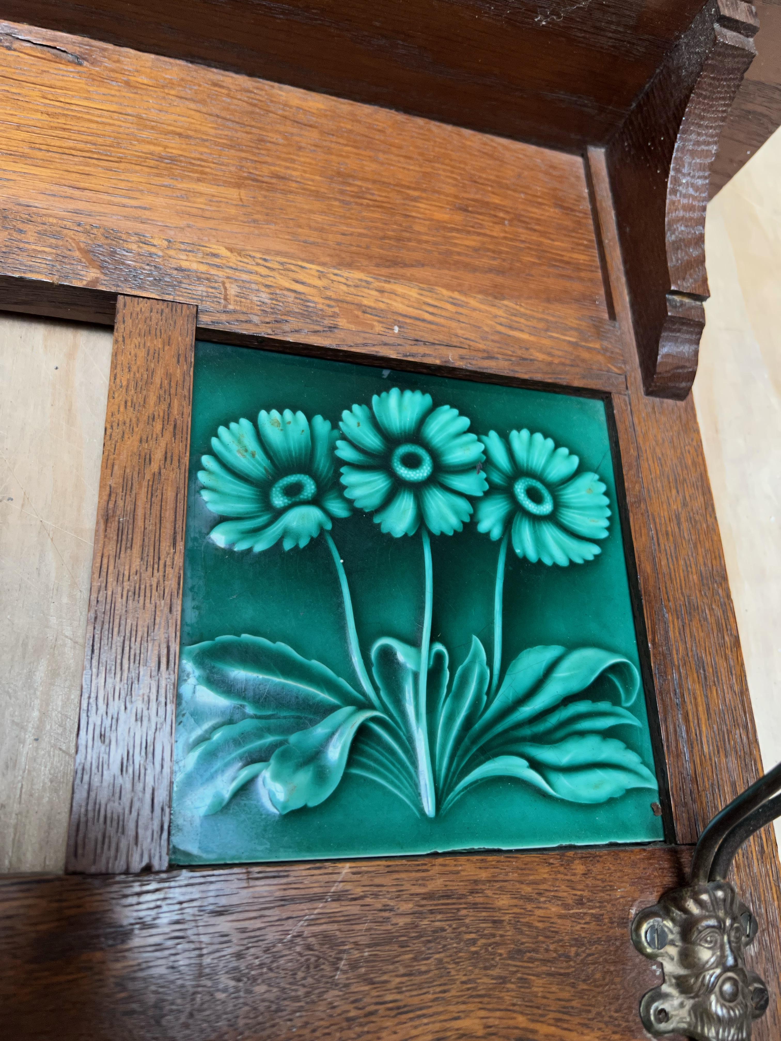 Antique Arts & Crafts Coat Rack with Majolica Glazed, Stylized Flower Tiles 7