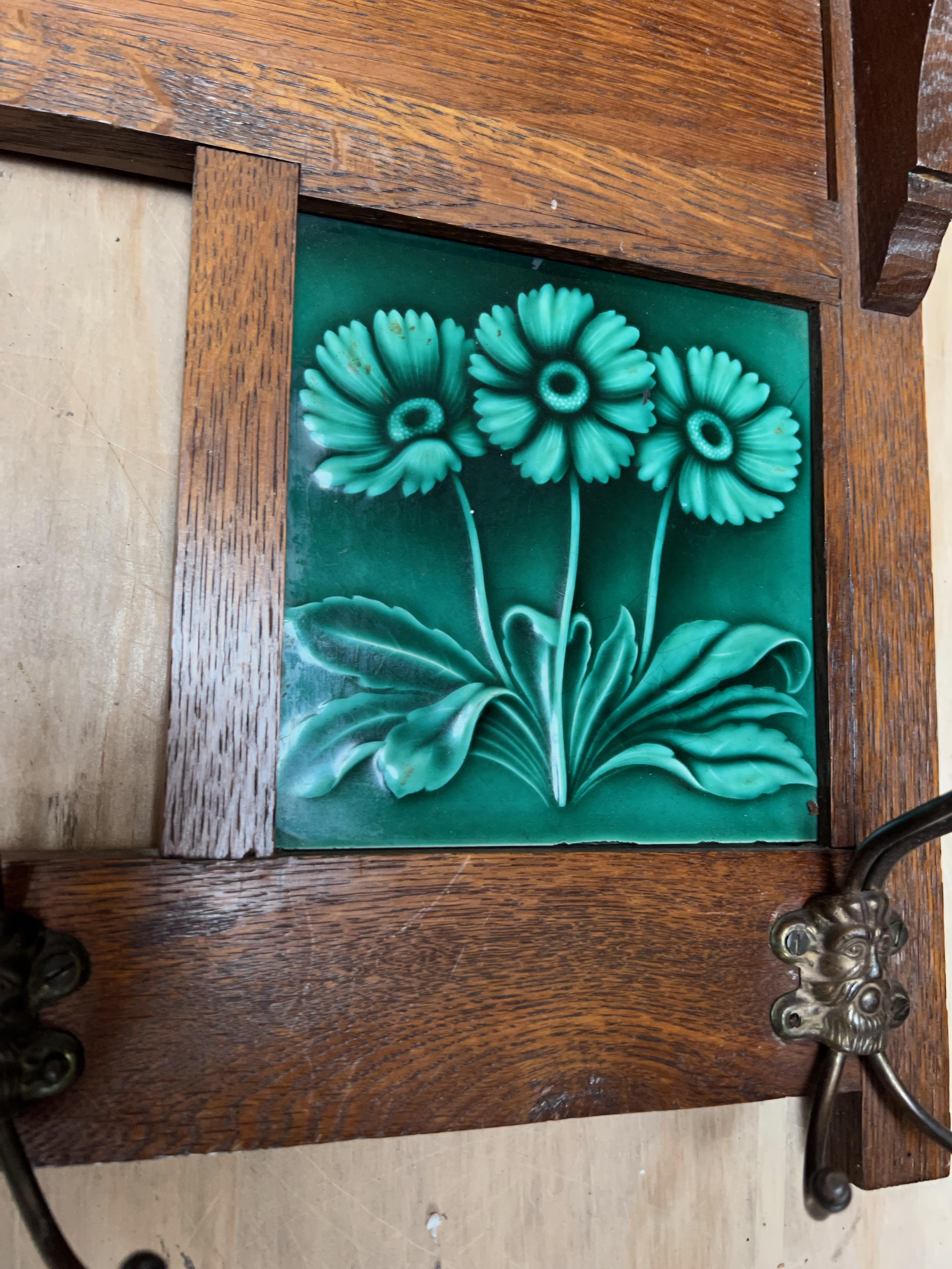 Antique Arts & Crafts Coat Rack with Majolica Glazed, Stylized Flower Tiles 8