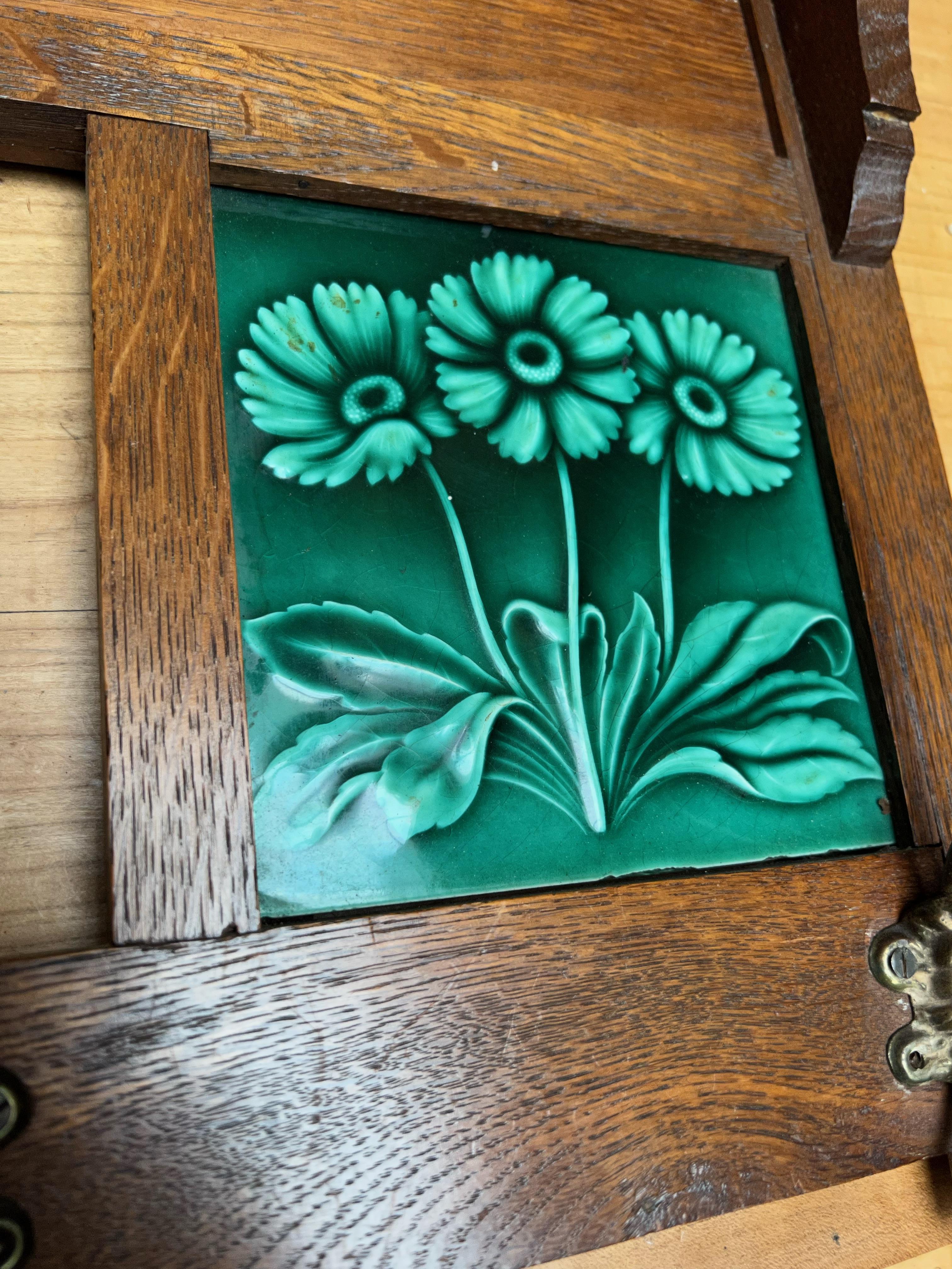 Antique Arts & Crafts Coat Rack with Majolica Glazed, Stylized Flower Tiles 10