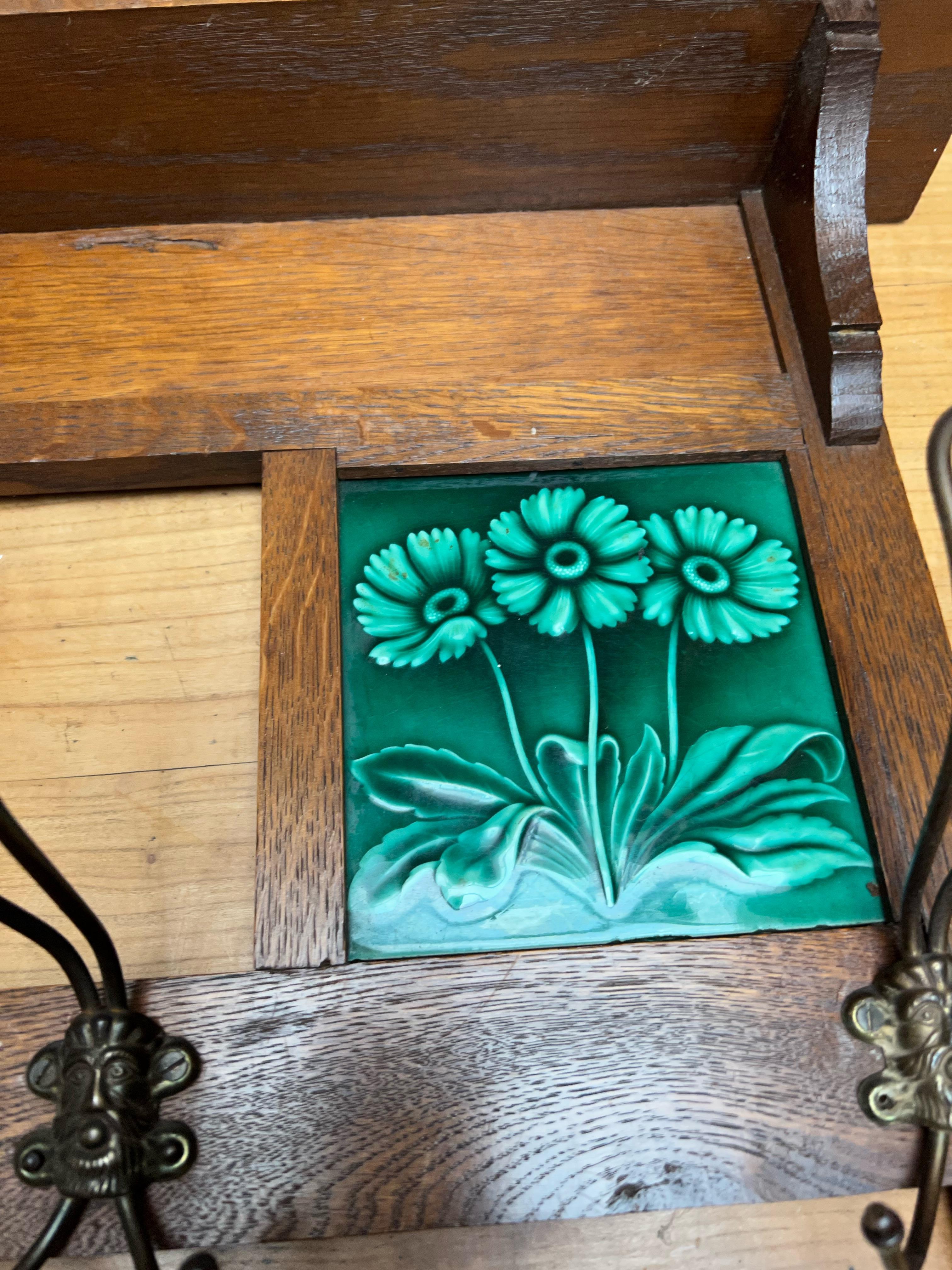 Antique Arts & Crafts Coat Rack with Majolica Glazed, Stylized Flower Tiles 11