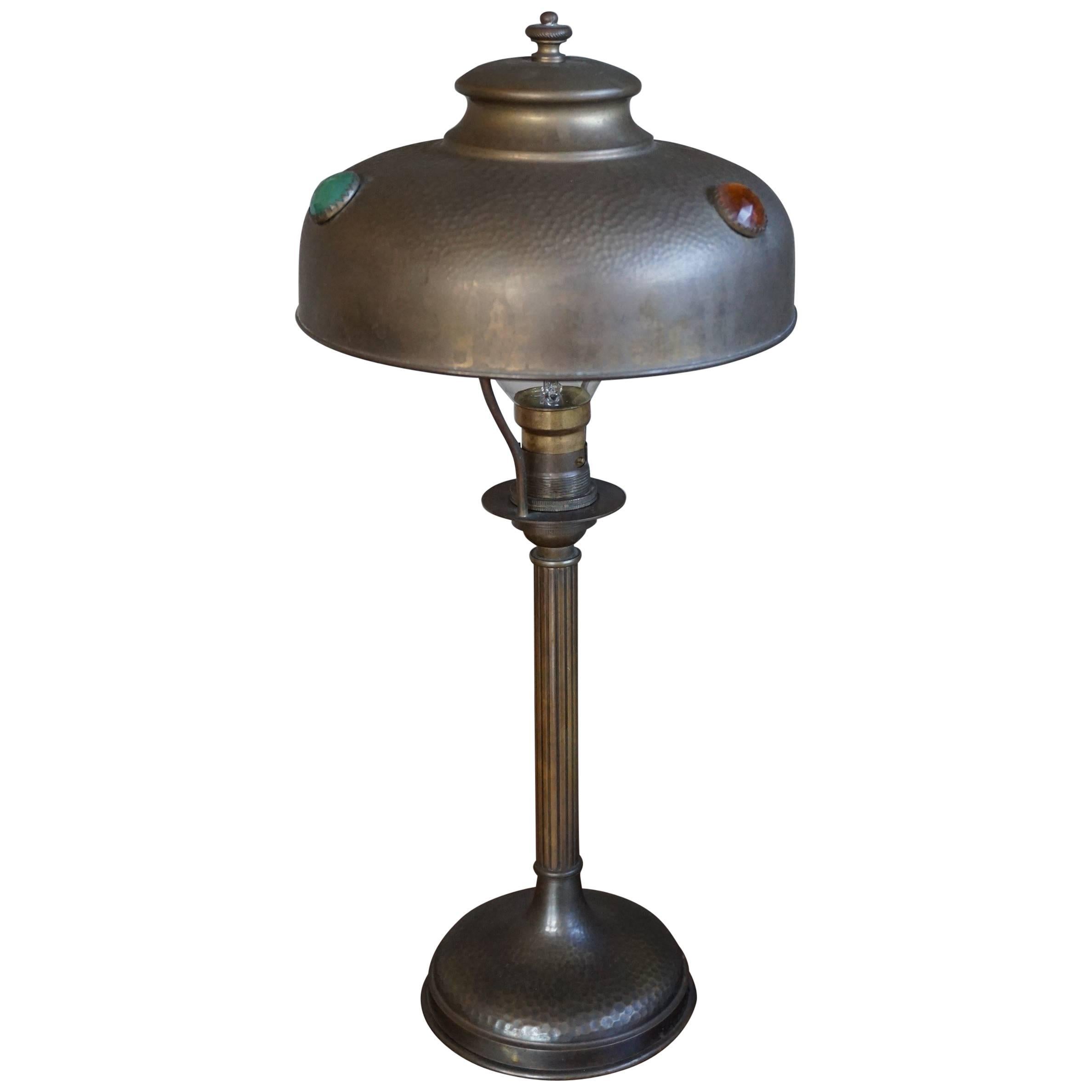 Antique Arts & Crafts Copper and Brass Table/Desk Lamp with Color Glass Inserts
