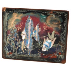 Antique Arts & Crafts Copper Enameled Box with Fish Pattern Signed C1910