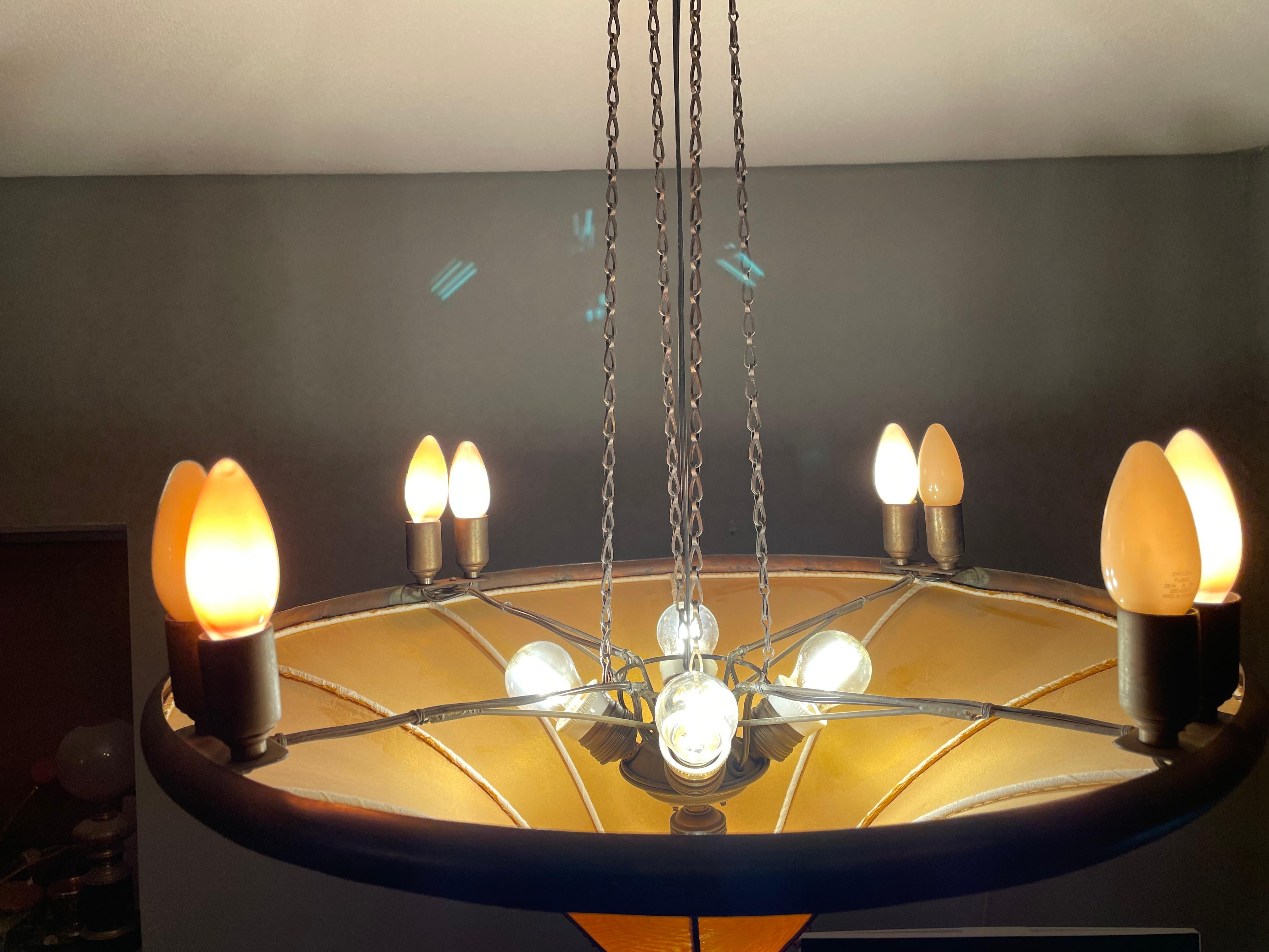 Antique Arts & Crafts Copper & Silk Chandelier Winkelman & Van Der Bijl Style 5