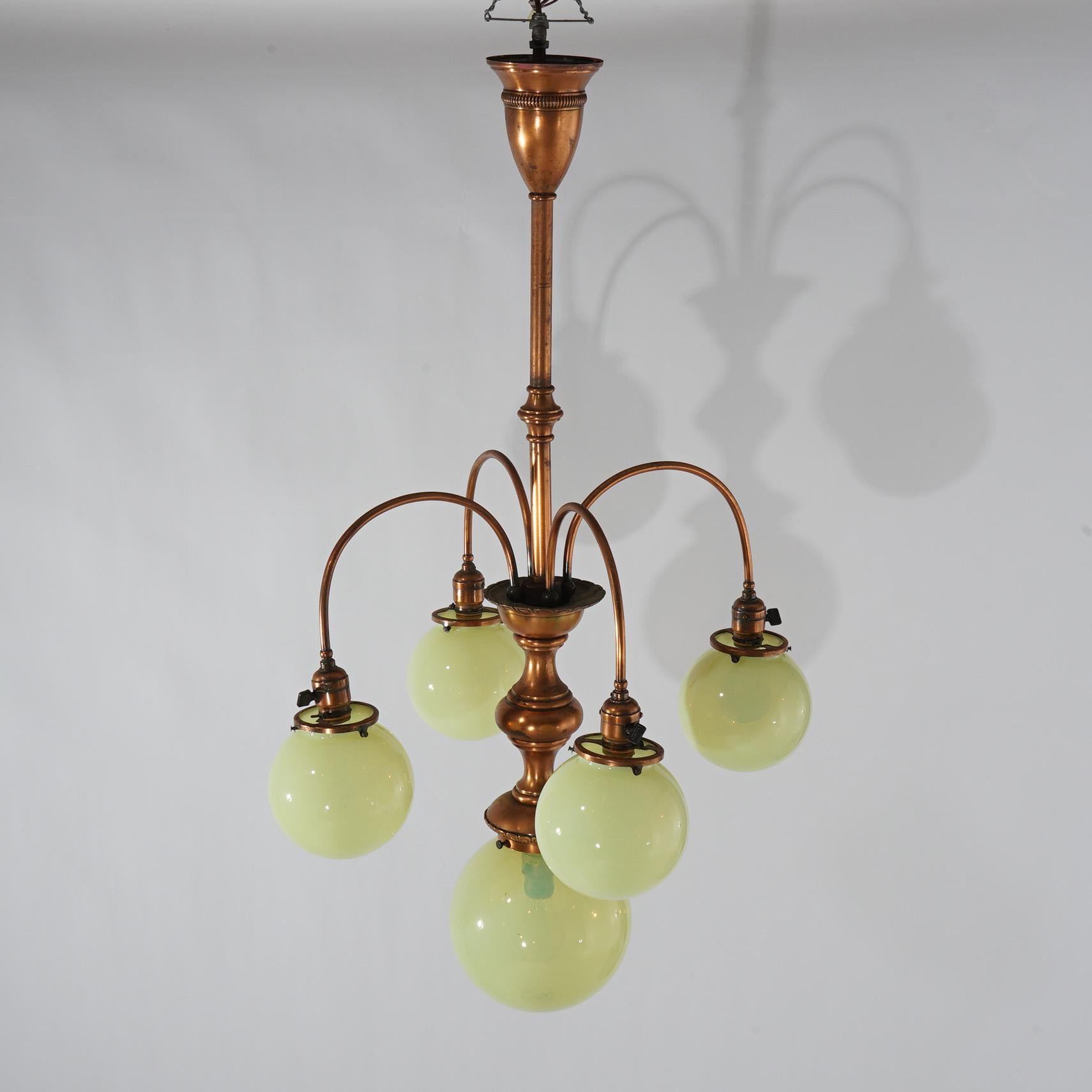 American Antique Arts & Crafts Copper with Brass Five Light Chandelier Fixture c1910 For Sale