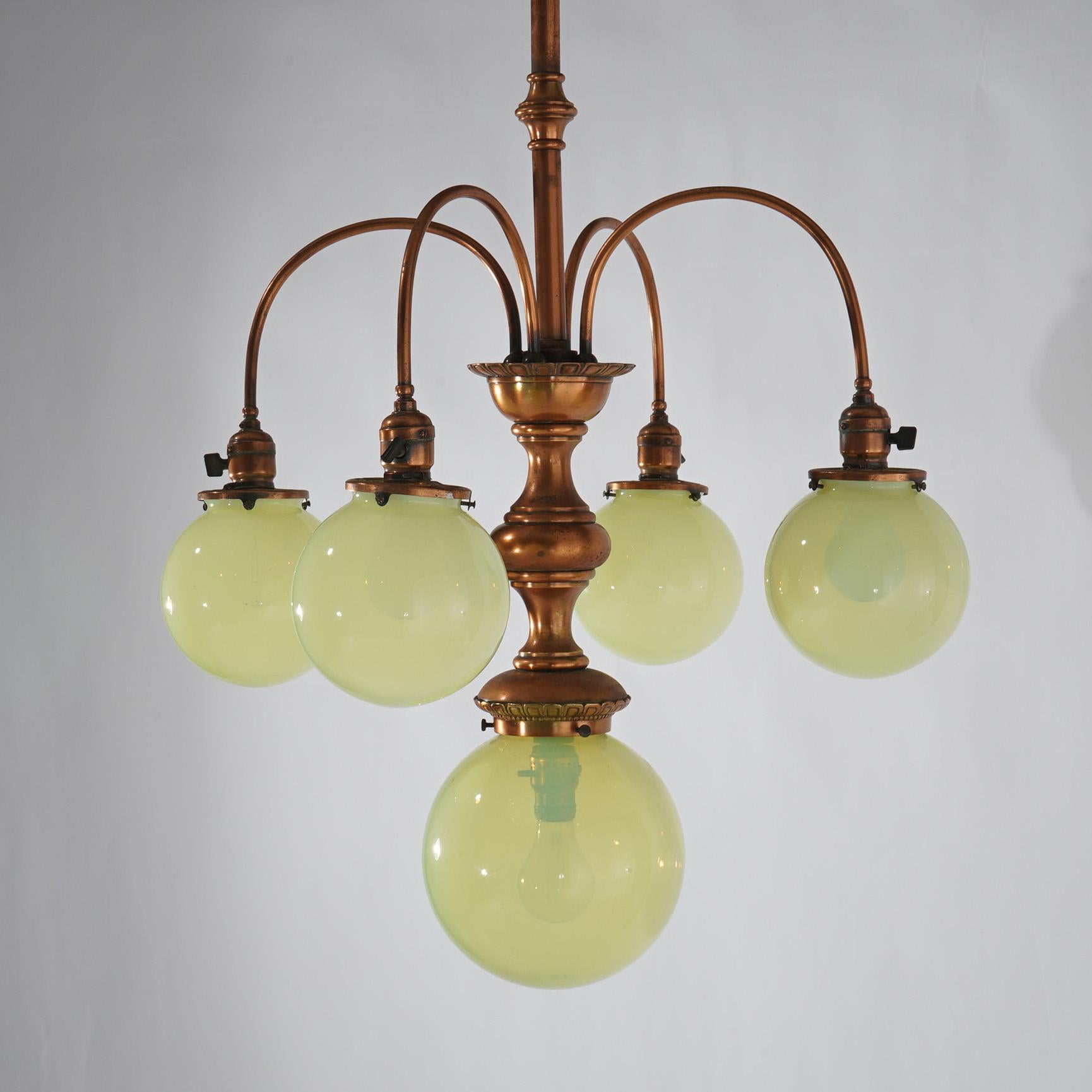 Antique Arts & Crafts Copper with Brass Five Light Chandelier Fixture c1910 In Good Condition For Sale In Big Flats, NY