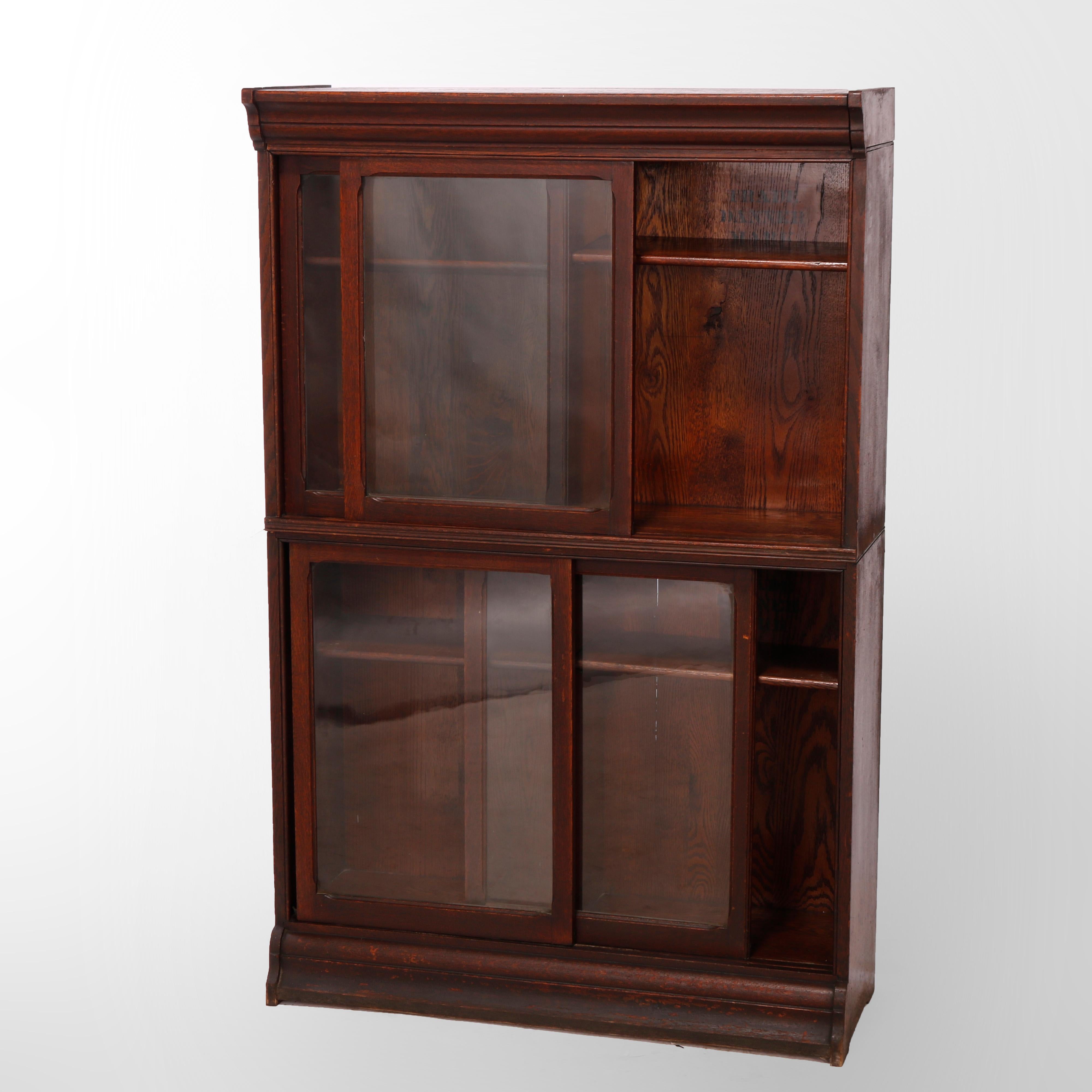 Antique Arts & Crafts Danner Oak Two-Stack Sliding Door Bookcase circa 1910 In Good Condition For Sale In Big Flats, NY