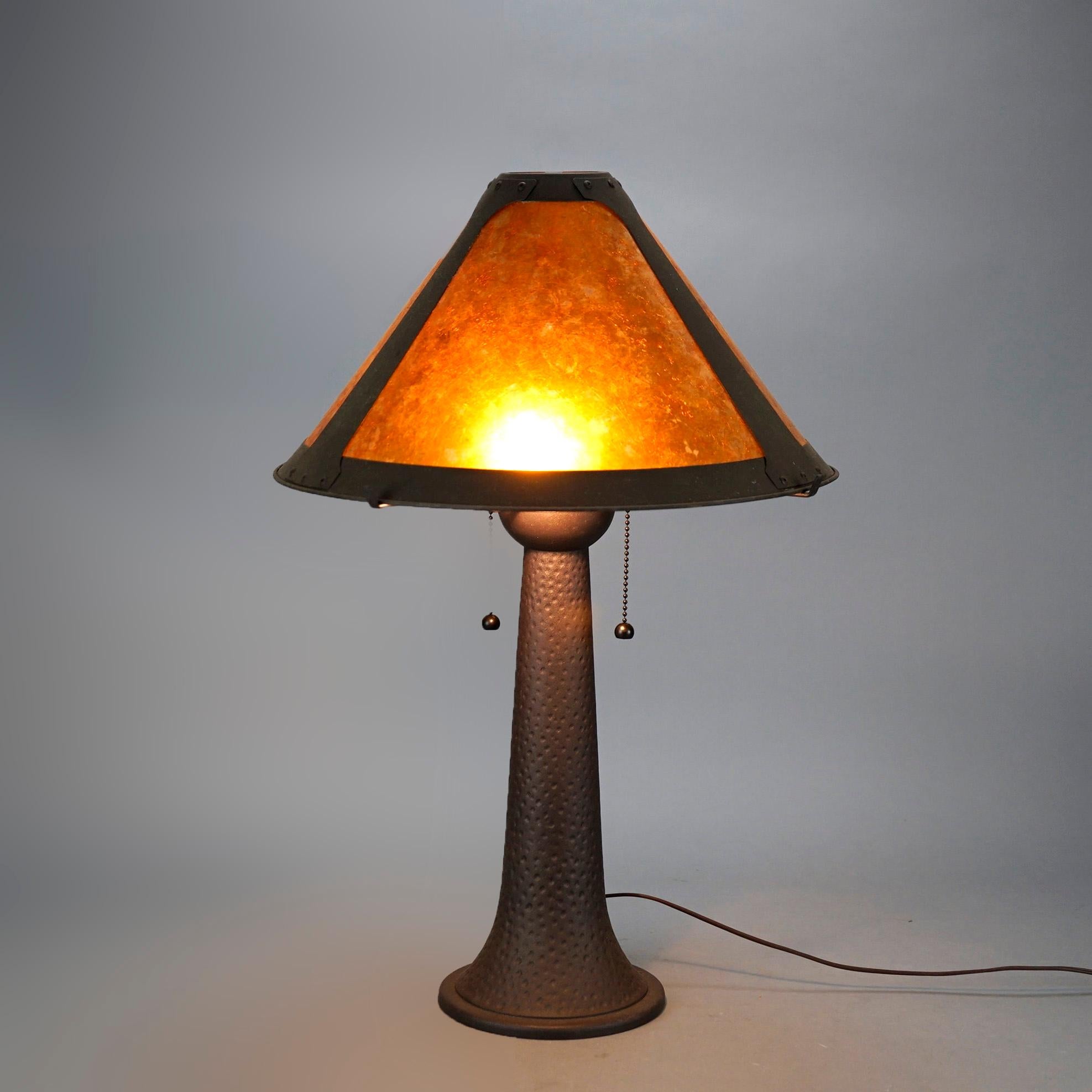 Antique Arts & Crafts Dirk Van Erp School Bronzed Metal Lamp & Mica Shade, C1920 In Good Condition In Big Flats, NY