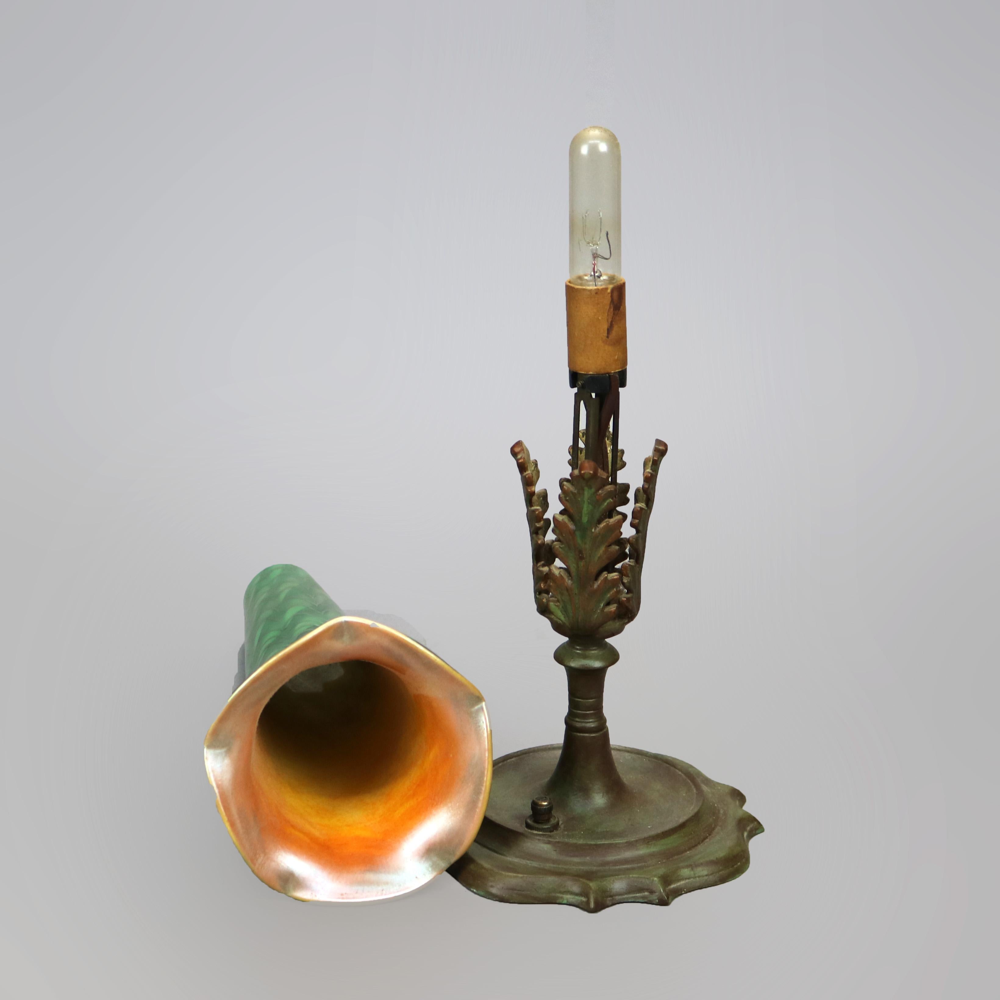 Antique Arts & Crafts Durand Decorated Art Glass Green Vase Lamp Circa 1930 4