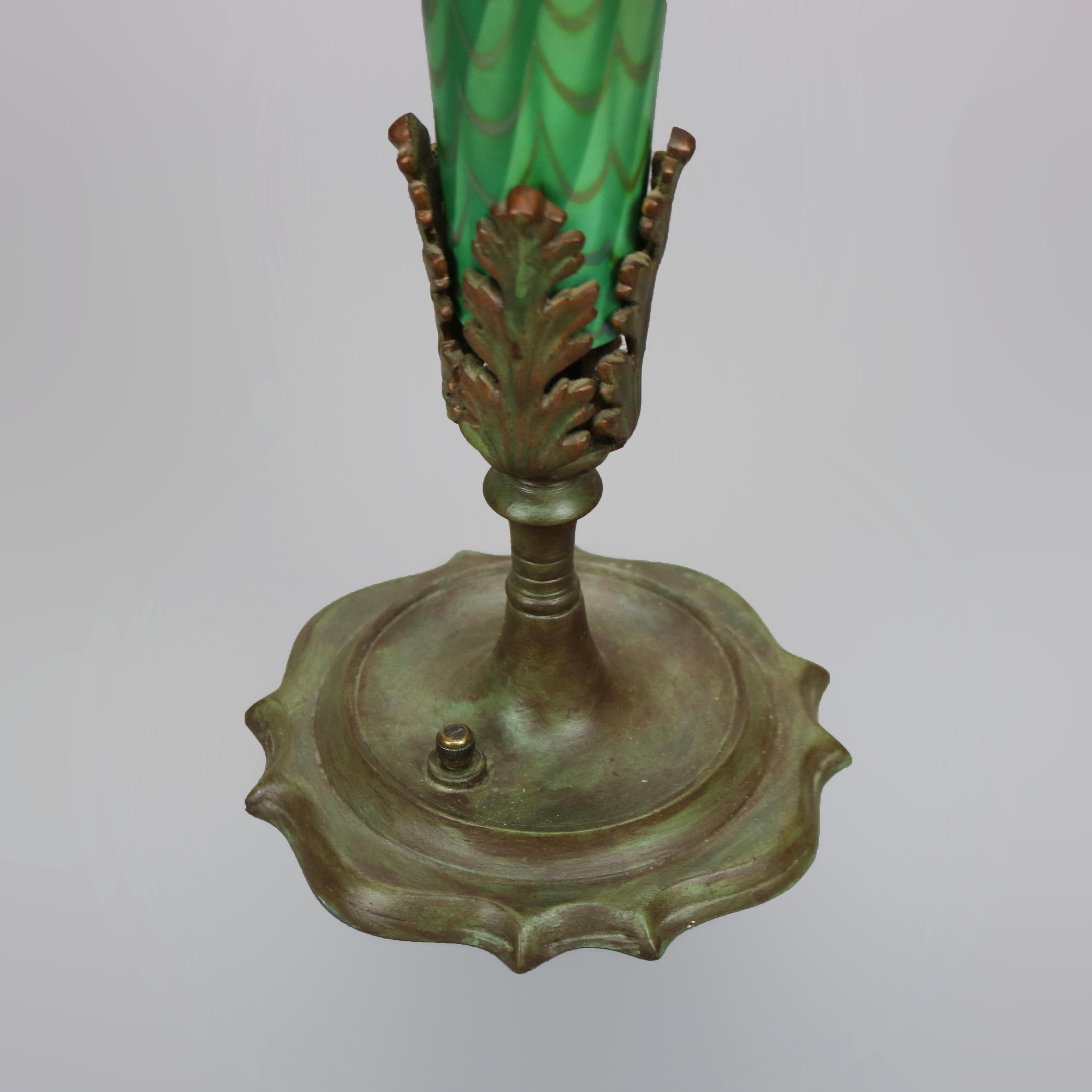 Antique Arts & Crafts Durand Decorated Art Glass Green Vase Lamp Circa 1930 7