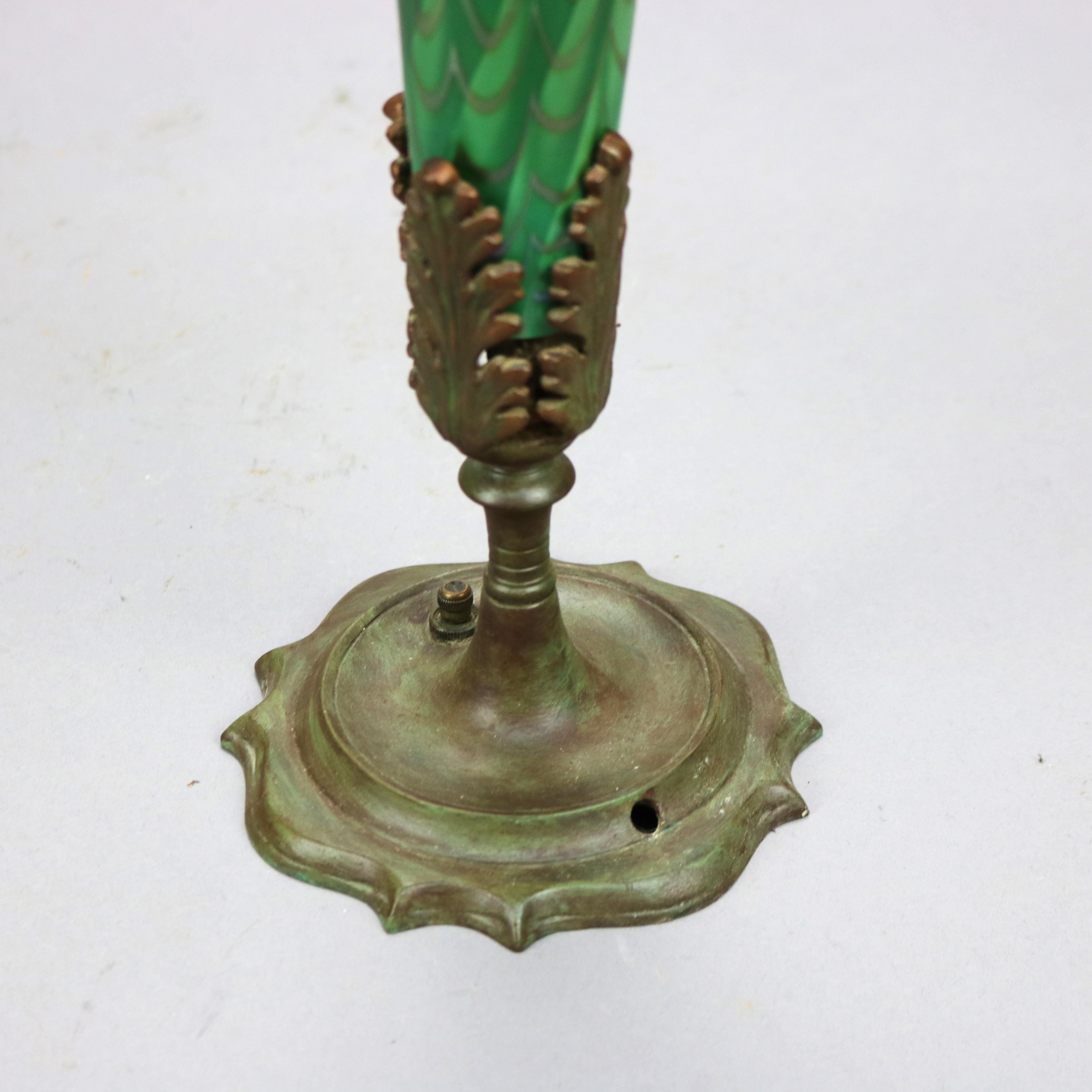 Antique Arts & Crafts Durand Decorated Art Glass Green Vase Lamp Circa 1930 8