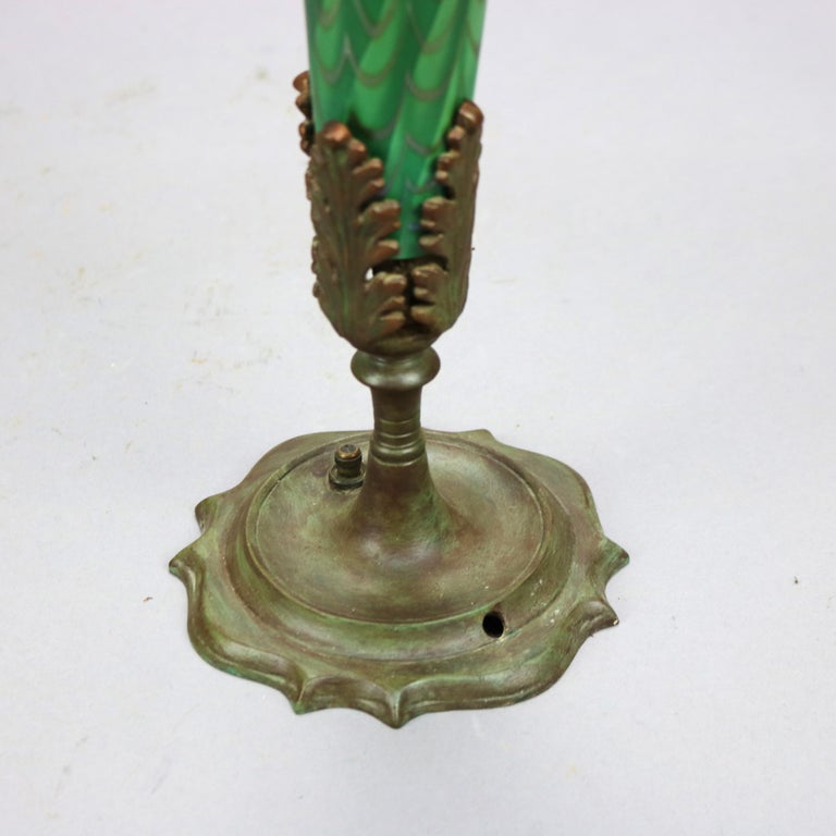 Antique Arts & Crafts Durand Decorated Art Glass Green Vase Lamp Circa 1930 For Sale 9