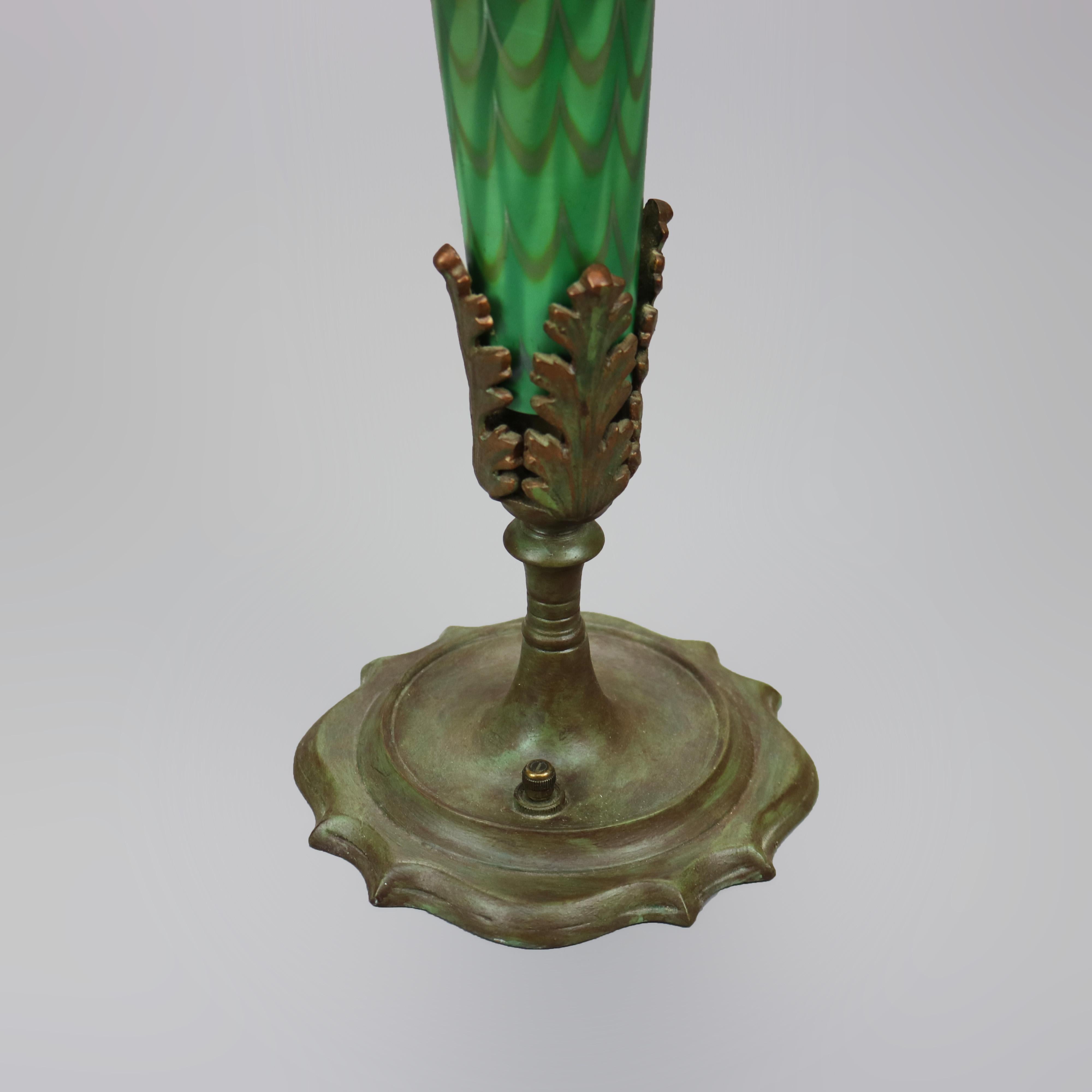 Antique Arts & Crafts Durand Decorated Art Glass Green Vase Lamp Circa 1930 9