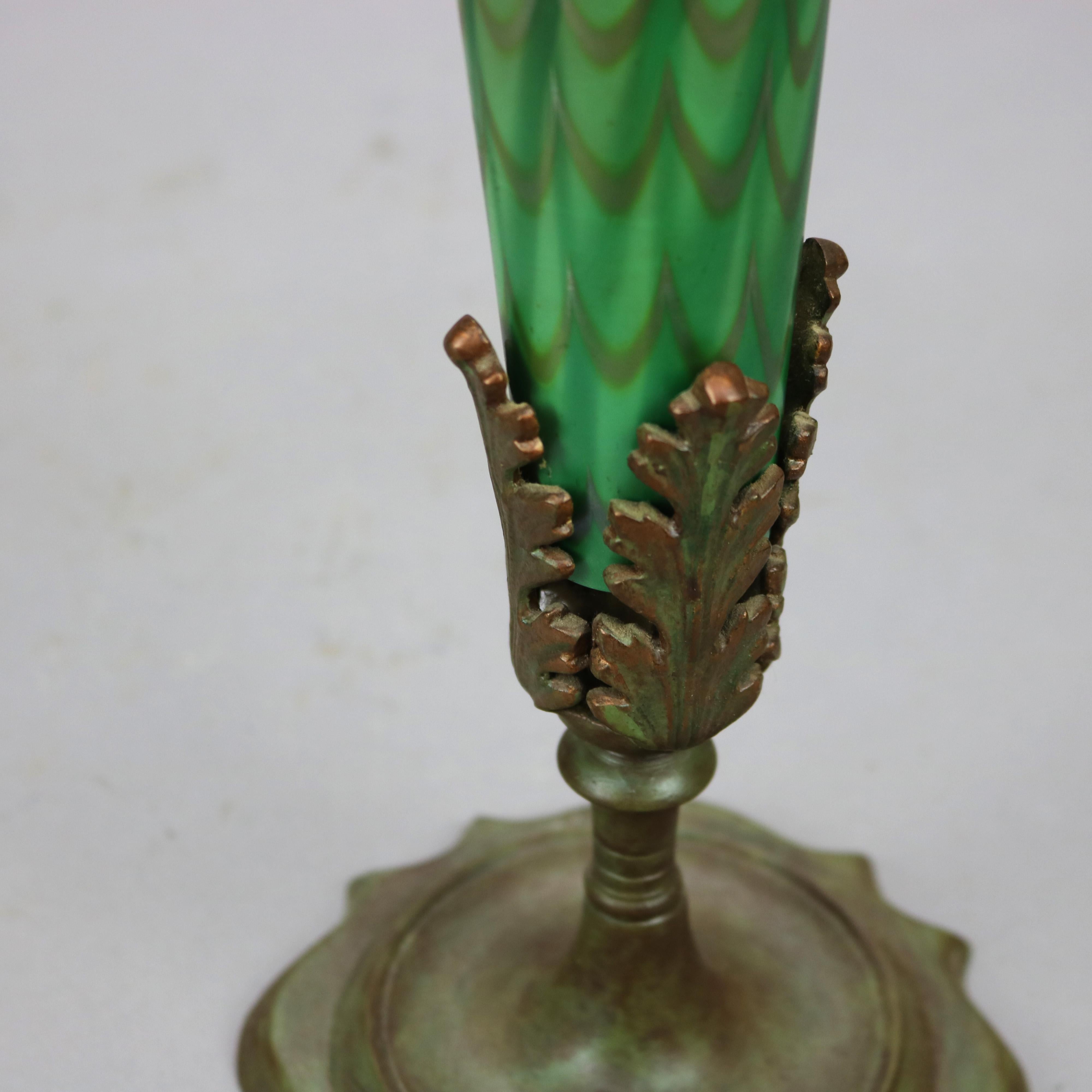 Antique Arts & Crafts Durand Decorated Art Glass Green Vase Lamp Circa 1930 10