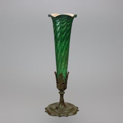 Antique Arts & Crafts Durand Decorated Art Glass Green Vase Lamp Circa 1930