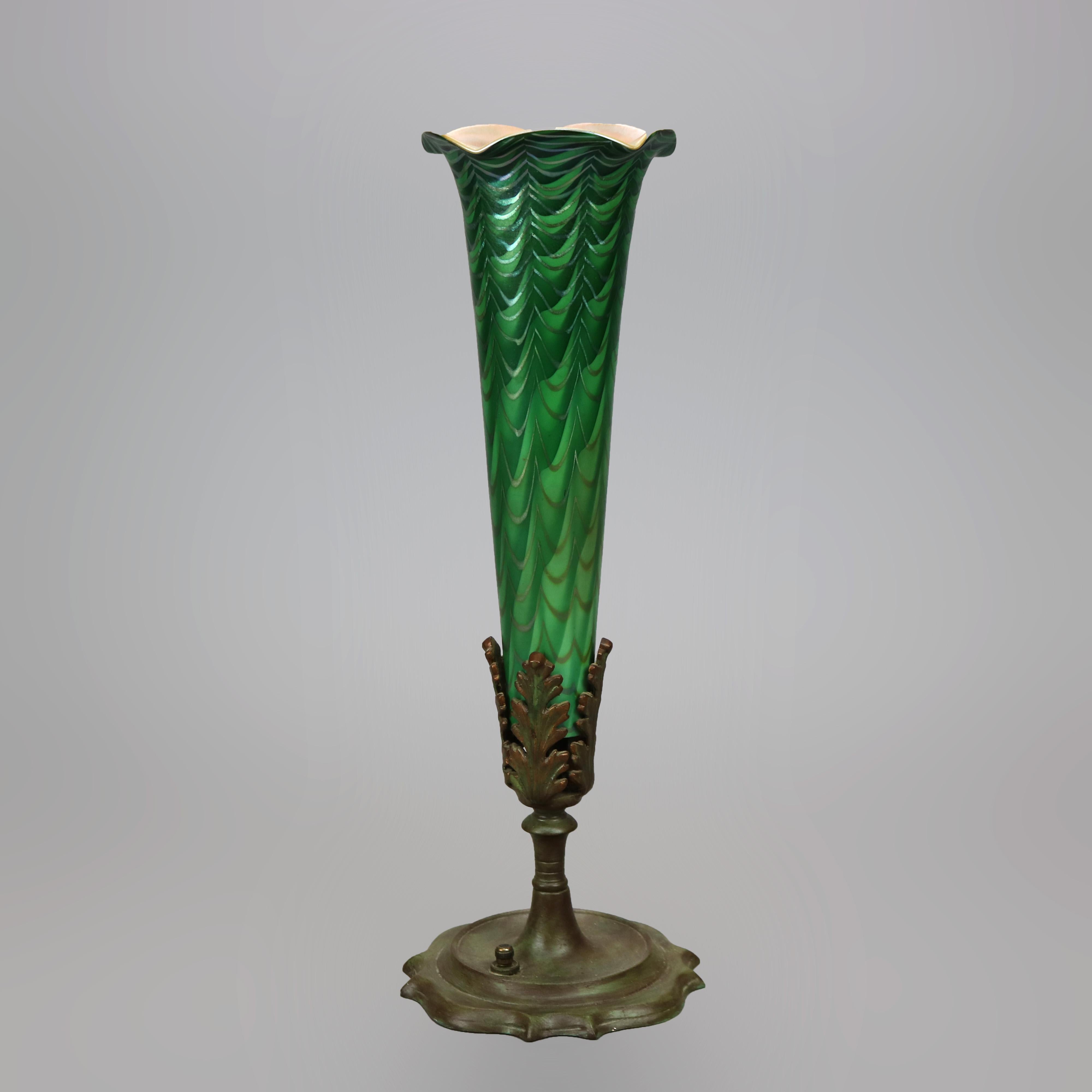 Art Nouveau Antique Arts & Crafts Durand Decorated Art Glass Green Vase Lamp Circa 1930