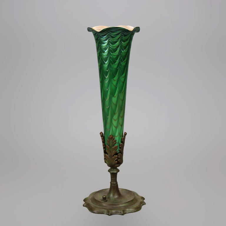 Art Nouveau Antique Arts & Crafts Durand Decorated Art Glass Green Vase Lamp Circa 1930 For Sale