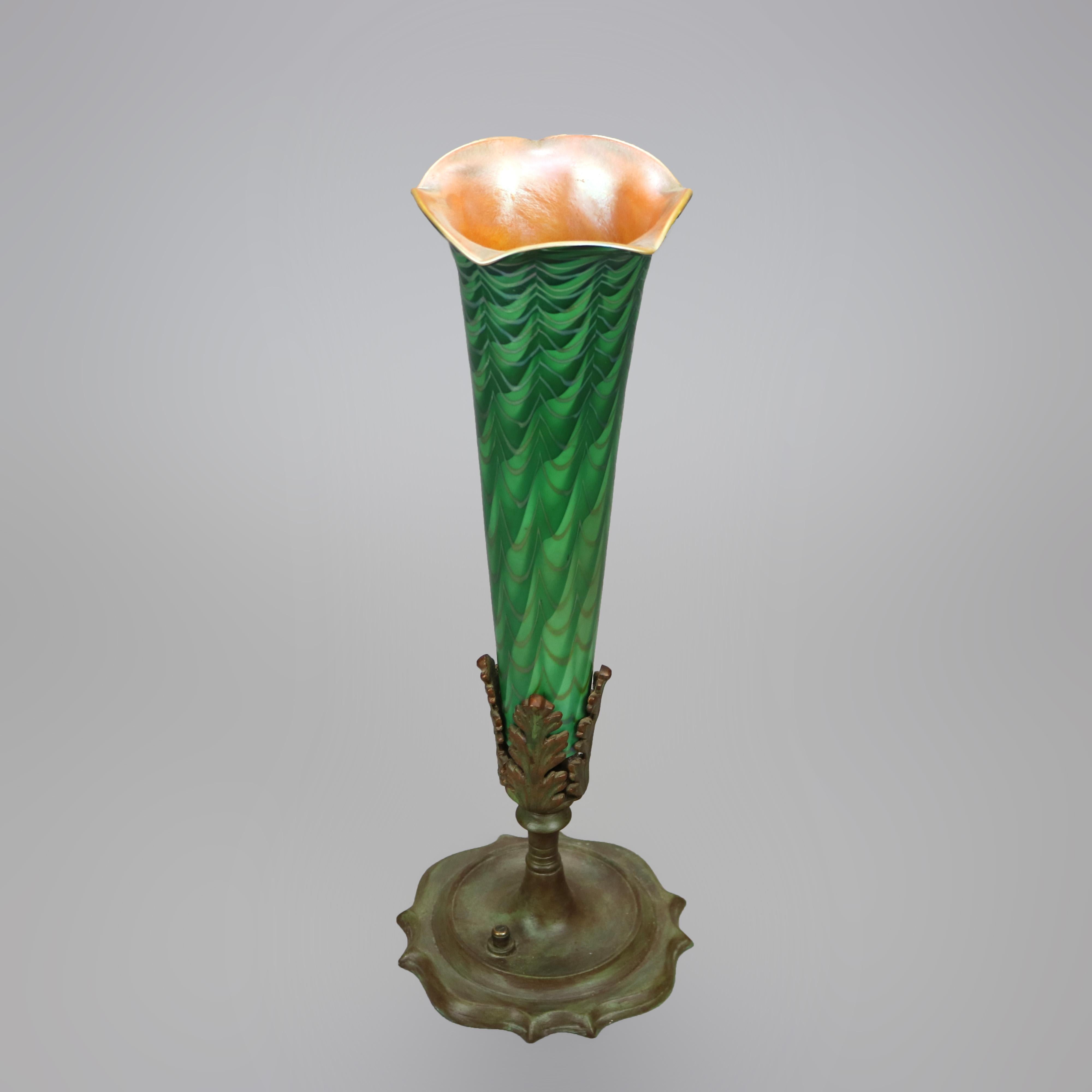 American Antique Arts & Crafts Durand Decorated Art Glass Green Vase Lamp Circa 1930