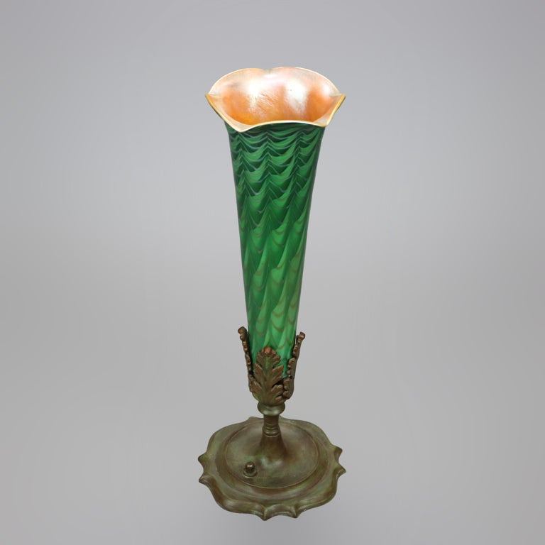 Antique Arts & Crafts Durand Decorated Art Glass Green Vase Lamp Circa 1930 In Good Condition For Sale In Big Flats, NY