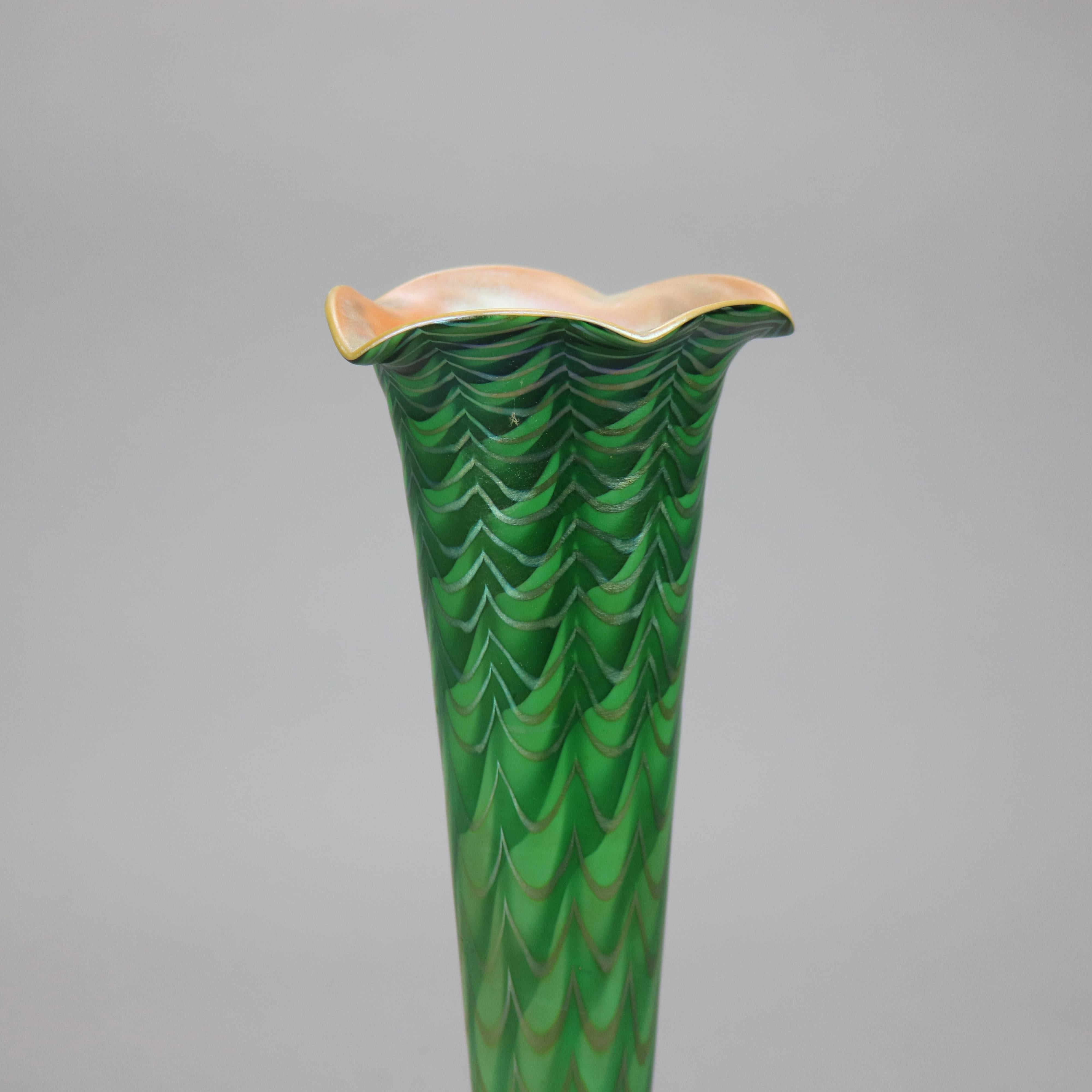 Antique Arts & Crafts Durand Decorated Art Glass Green Vase Lamp Circa 1930 In Good Condition In Big Flats, NY