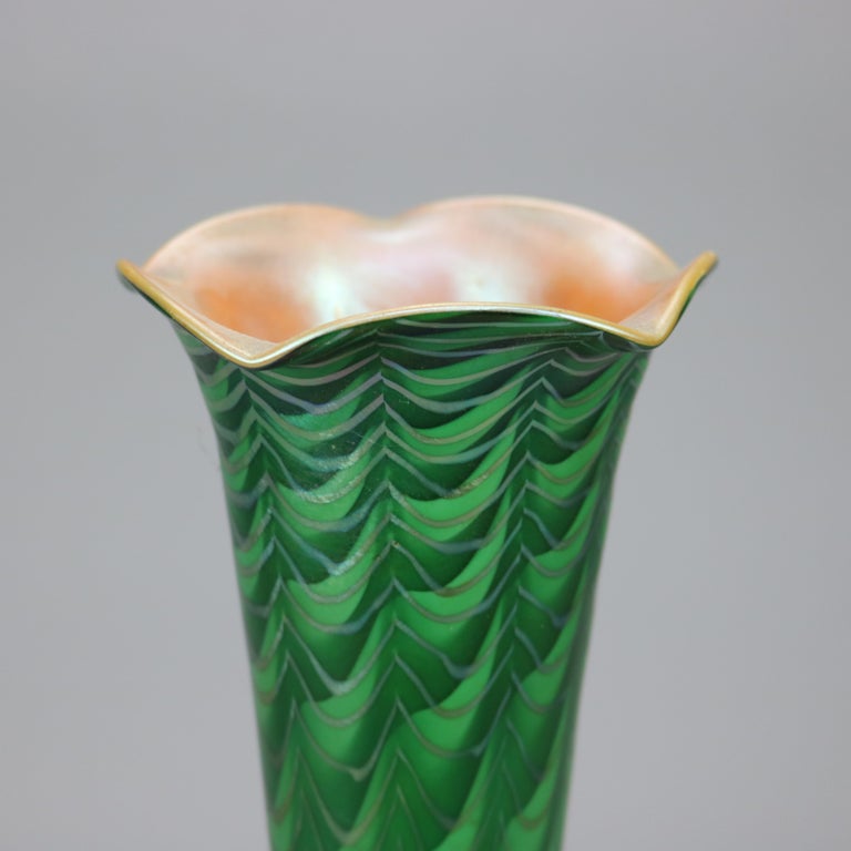 Antique Arts & Crafts Durand Decorated Art Glass Green Vase Lamp Circa 1930 For Sale 1