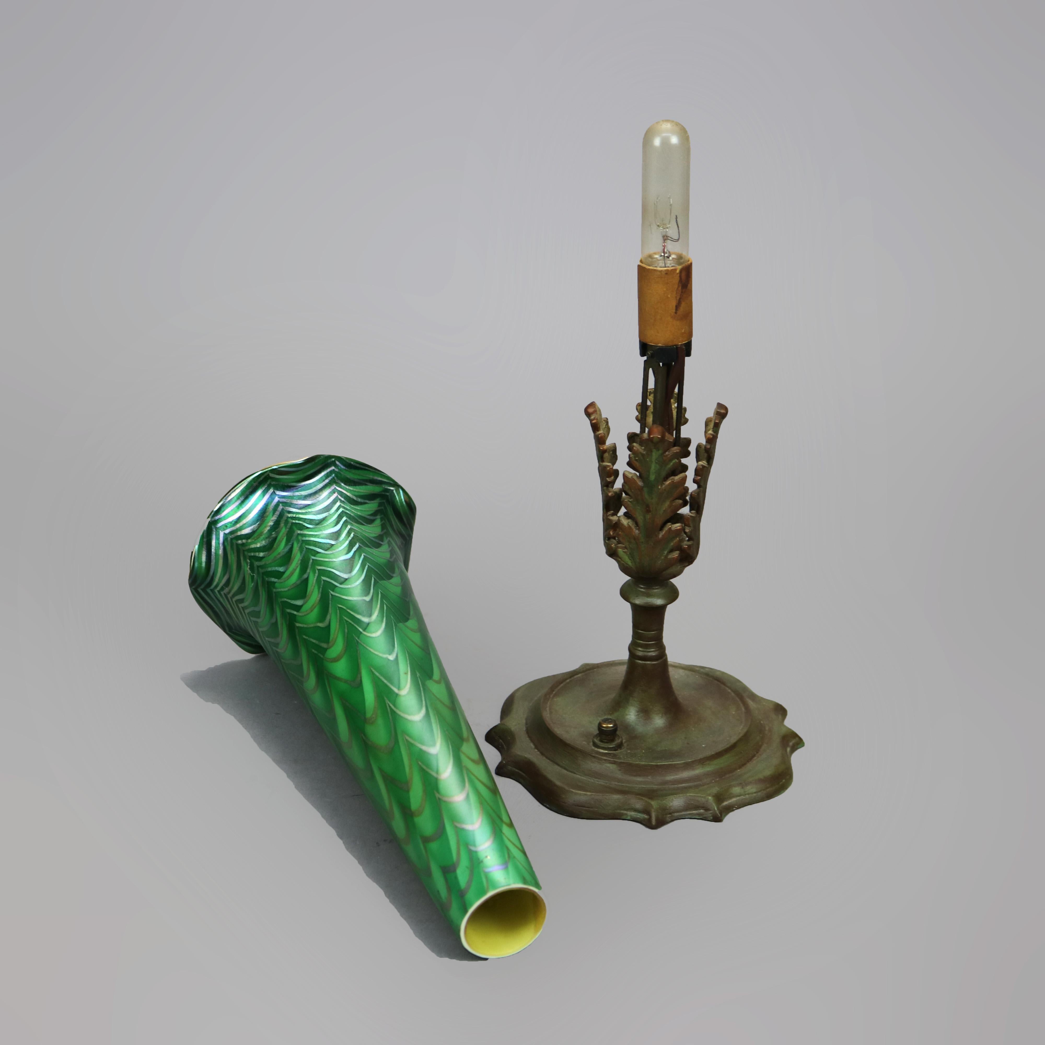Antique Arts & Crafts Durand Decorated Art Glass Green Vase Lamp Circa 1930 1