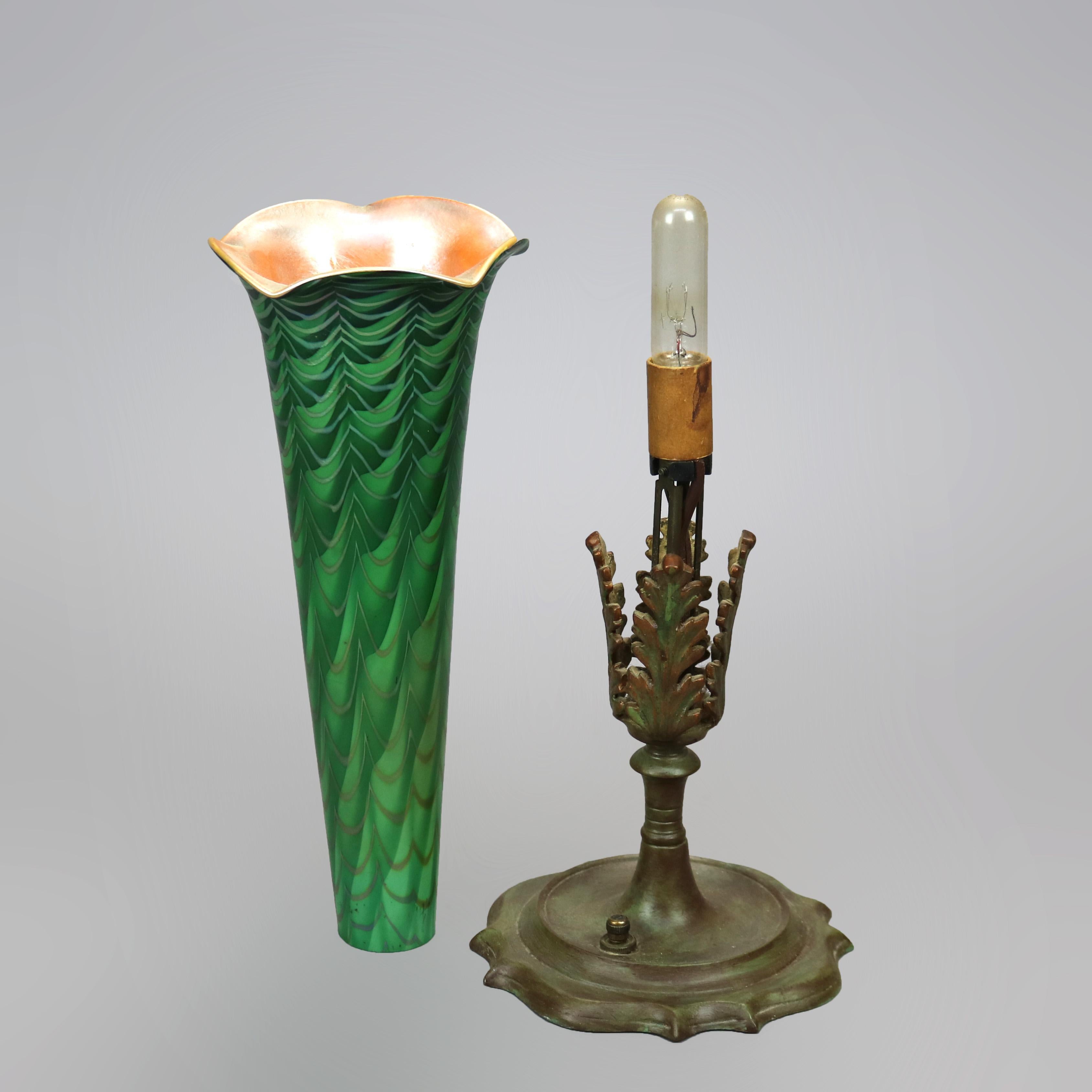 Antique Arts & Crafts Durand Decorated Art Glass Green Vase Lamp Circa 1930 2