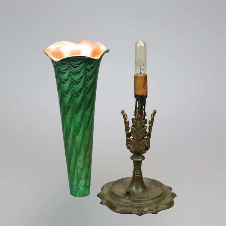 Antique Arts & Crafts Durand Decorated Art Glass Green Vase Lamp Circa 1930 For Sale 3