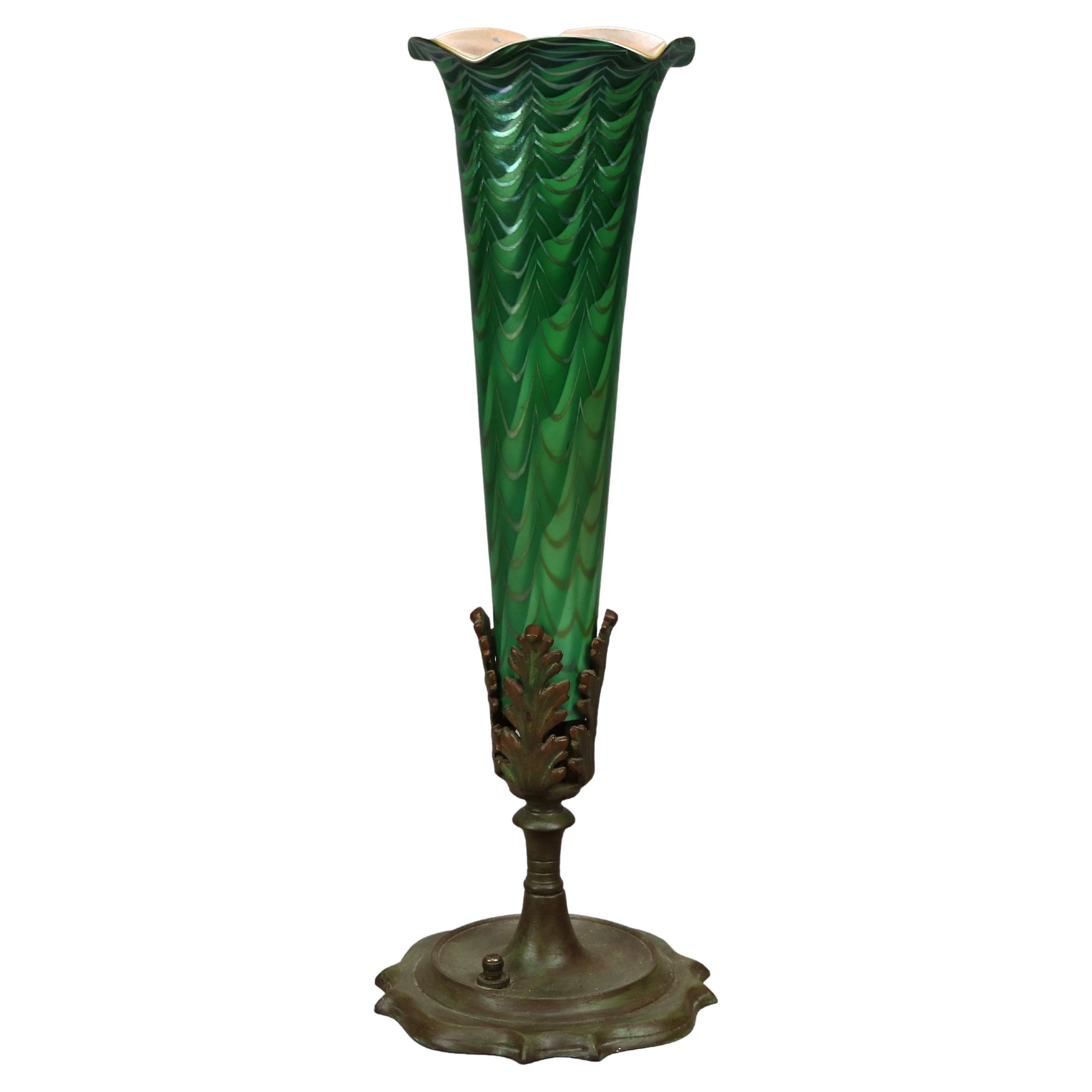 Antique Arts & Crafts Durand Decorated Art Glass Green Vase Lamp Circa 1930